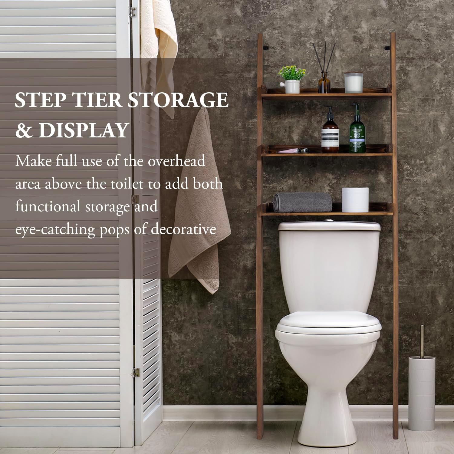 MyGift 5.5 Foot Tall Rustic Burnt Solid Wood Over The Toilet Decorative Ladder Standing Shelf, 3 Tier Bathroom Organizer Leaning Storage Shelves Rack Stand