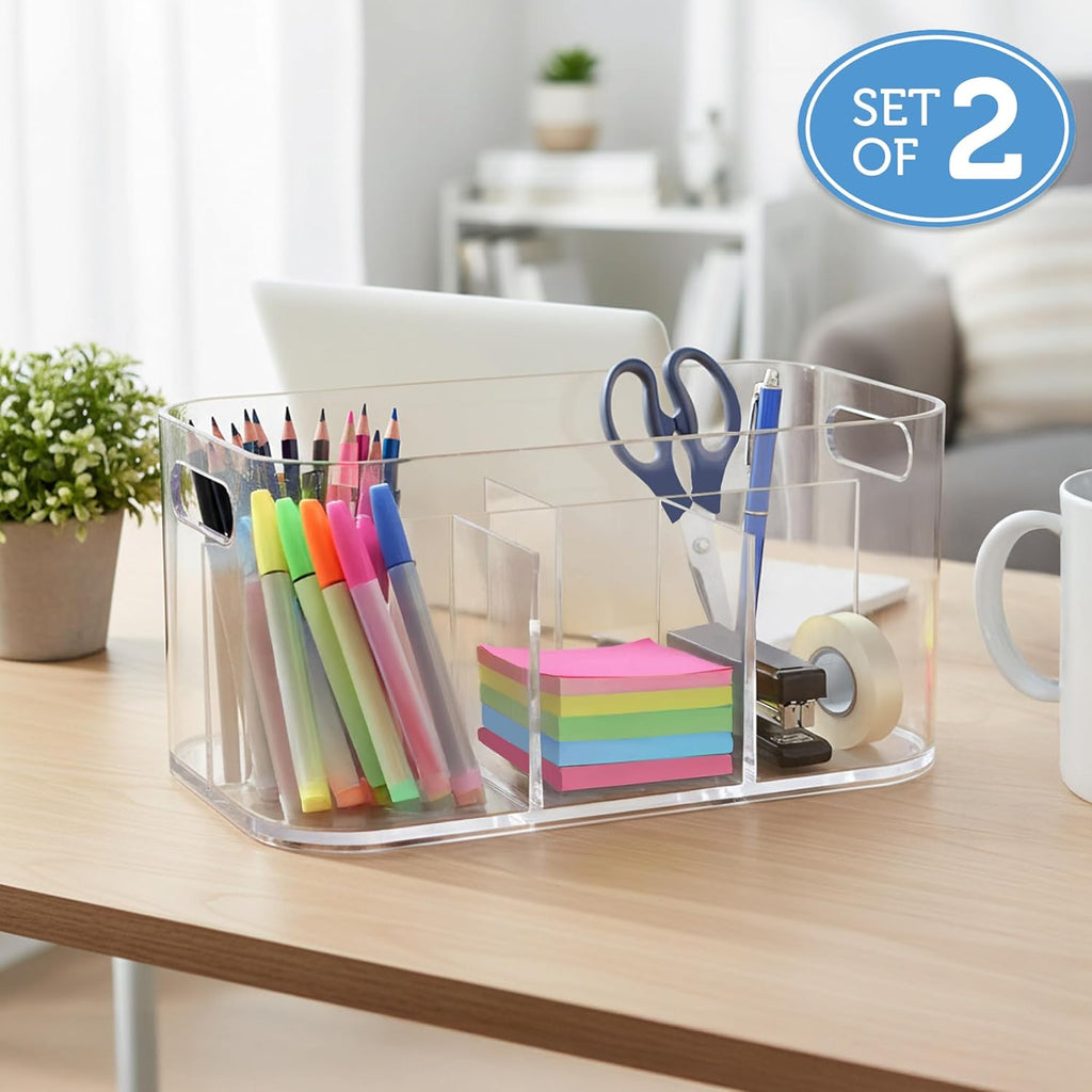 STORi Bliss 5-Compartment Plastic Cosmetics Storage Organizer, Set of 2 | Clear | Rectangular Divided Makeup Bin & Vanity Caddy with Pass-Through Handles | Round Corner Design | Made in USA