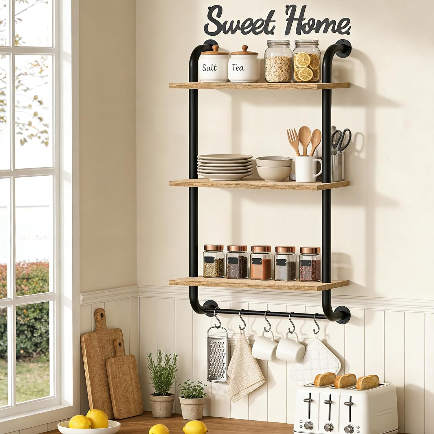 Tinpin Bathroom Shelves Wall Mounted, 3-Tier Rustic Wood Wall Shelf, 17.3 inch Industrial Pipe Floating Shelf for Bathroom,Kitchen,Bedroom,Living Room,Brown