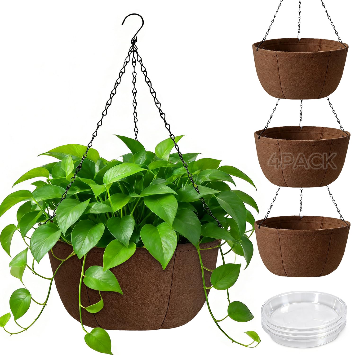 T4U Hanging Planters for Outdoor Plants, 10 Inch 4 Pack Fabric Hanging Baskets with Drainage Tray, Decorative Hanging Pots for Plants Outdoor Patio Porch Garden Use（Brown）