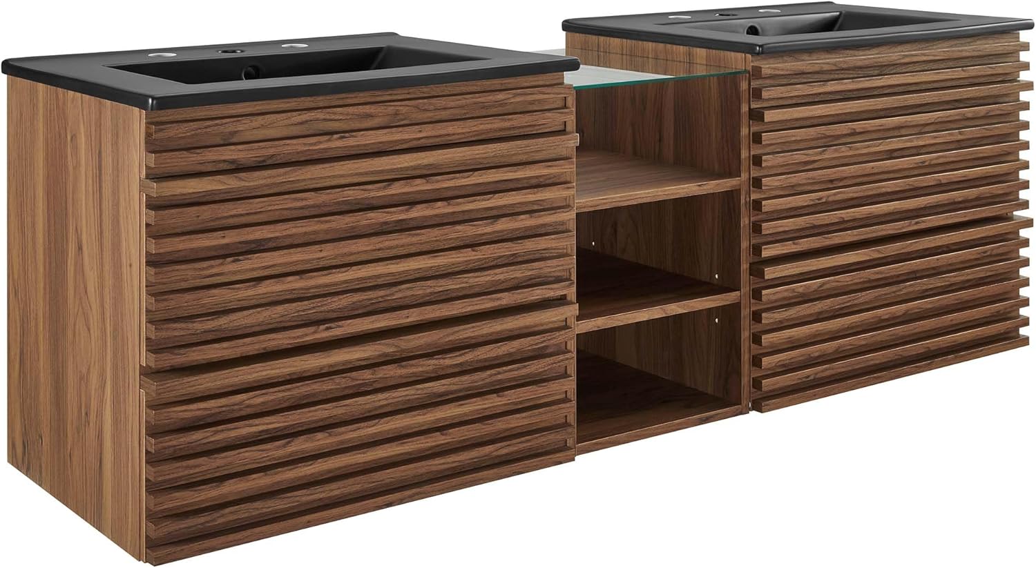 Modway Render 62 Inch Mid-Century Modern Floating Bathroom Vanity with Double Sink in Walnut Black – Wall-Mount Vanity with Storage Cabinet and Dual Ceramic Sinks