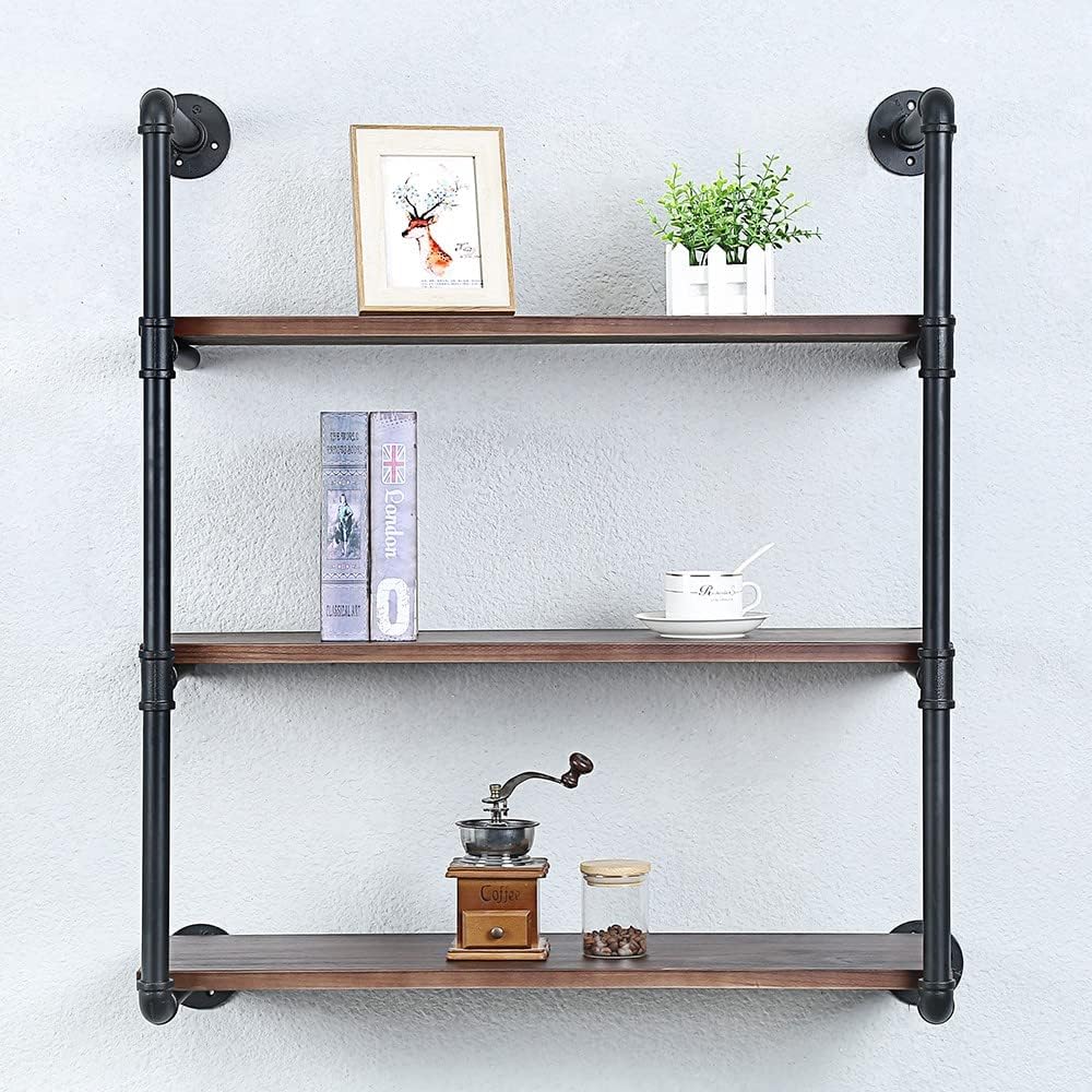 Industrial Pipe Shelving Wall Mounted,30in Rustic Metal Floating Shelves,Steampunk Real Wood Book Shelves,Wall Shelf Unit Bookshelf Hanging Wall Shelves,Farmhouse Kitchen Bar Shelving(3 Tier)