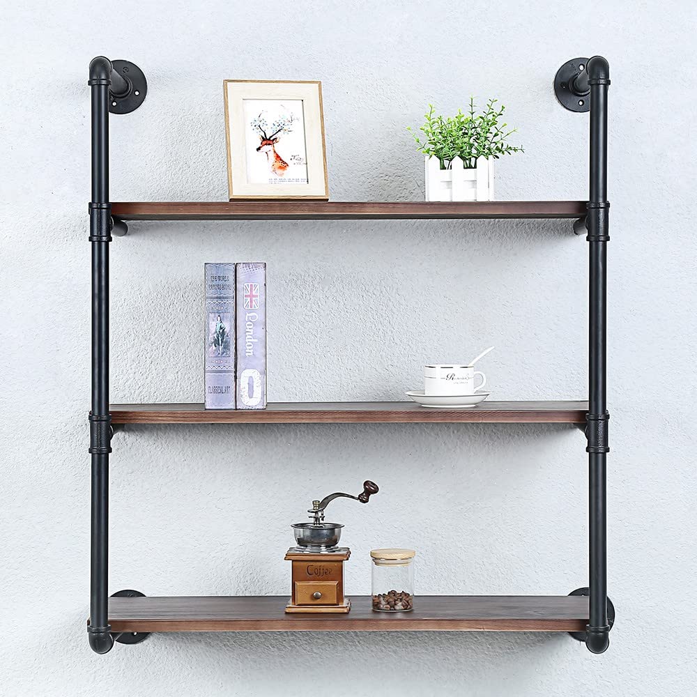 Industrial Pipe Shelving Wall Mounted,30in Rustic Metal Floating Shelves,Steampunk Real Wood Book Shelves,Wall Shelf Unit Bookshelf Hanging Wall Shelves,Farmhouse Kitchen Bar Shelving(3 Tier)