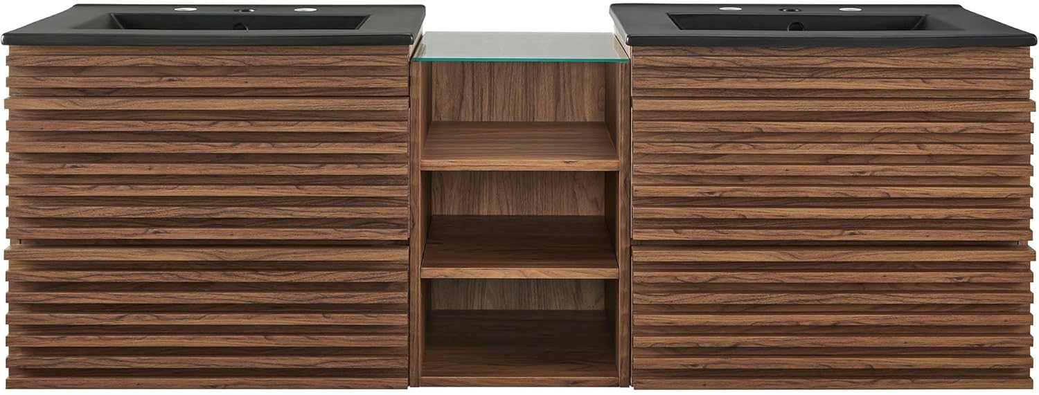 Modway Render 62 Inch Mid-Century Modern Floating Bathroom Vanity with Double Sink in Walnut Black – Wall-Mount Vanity with Storage Cabinet and Dual Ceramic Sinks