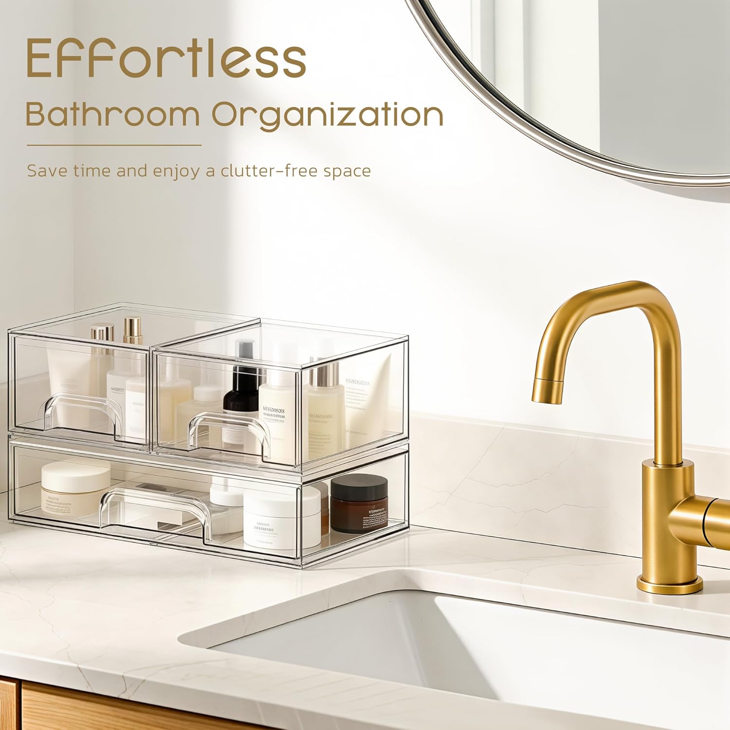 Criusia Stackable Storage Drawers, 3 Pack Clear Acrylic Makeup & Bathroom Organizer, Versatile Storage Bins for Vanity, Under Sink, Kitchen Cabinets & Pantry