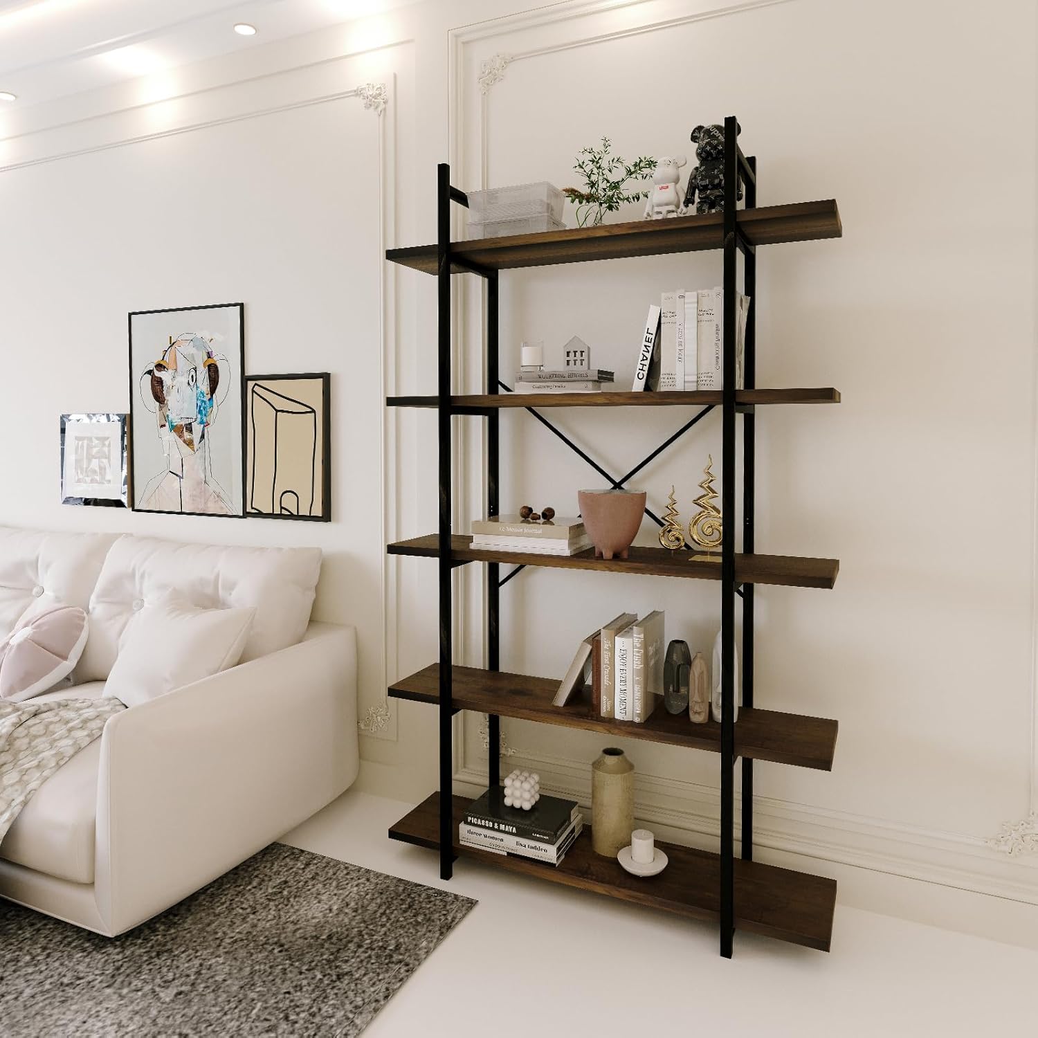 5 Tiers Bookshelf Organizer Industrial Shelf,Modern Open Display Storage Bookcase,Rustic Brown and Metal Bookshelf Standing Storage Shelf Tall Shelving Units for Home Office Study.