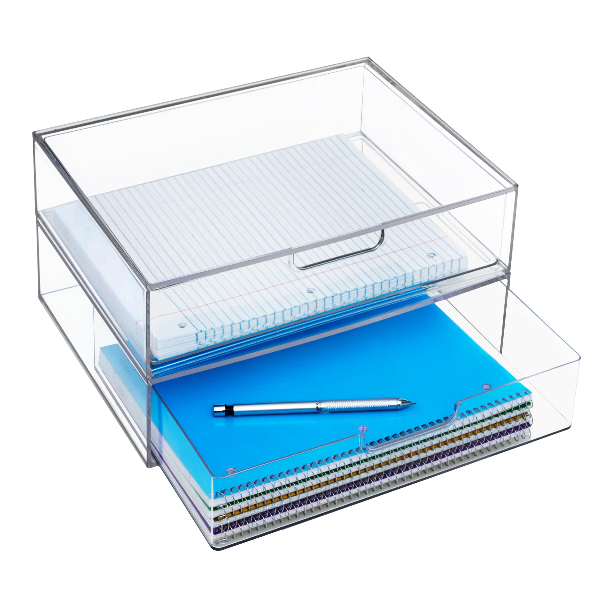 STORi STAX Plastic Stackable Organizer Drawers (Set of 2) Clear | 12.5" Wide | Set Includes One Open Drawer & One Divided Drawer | Organize Office Desk Accessories & Sort Paper | Made in USA