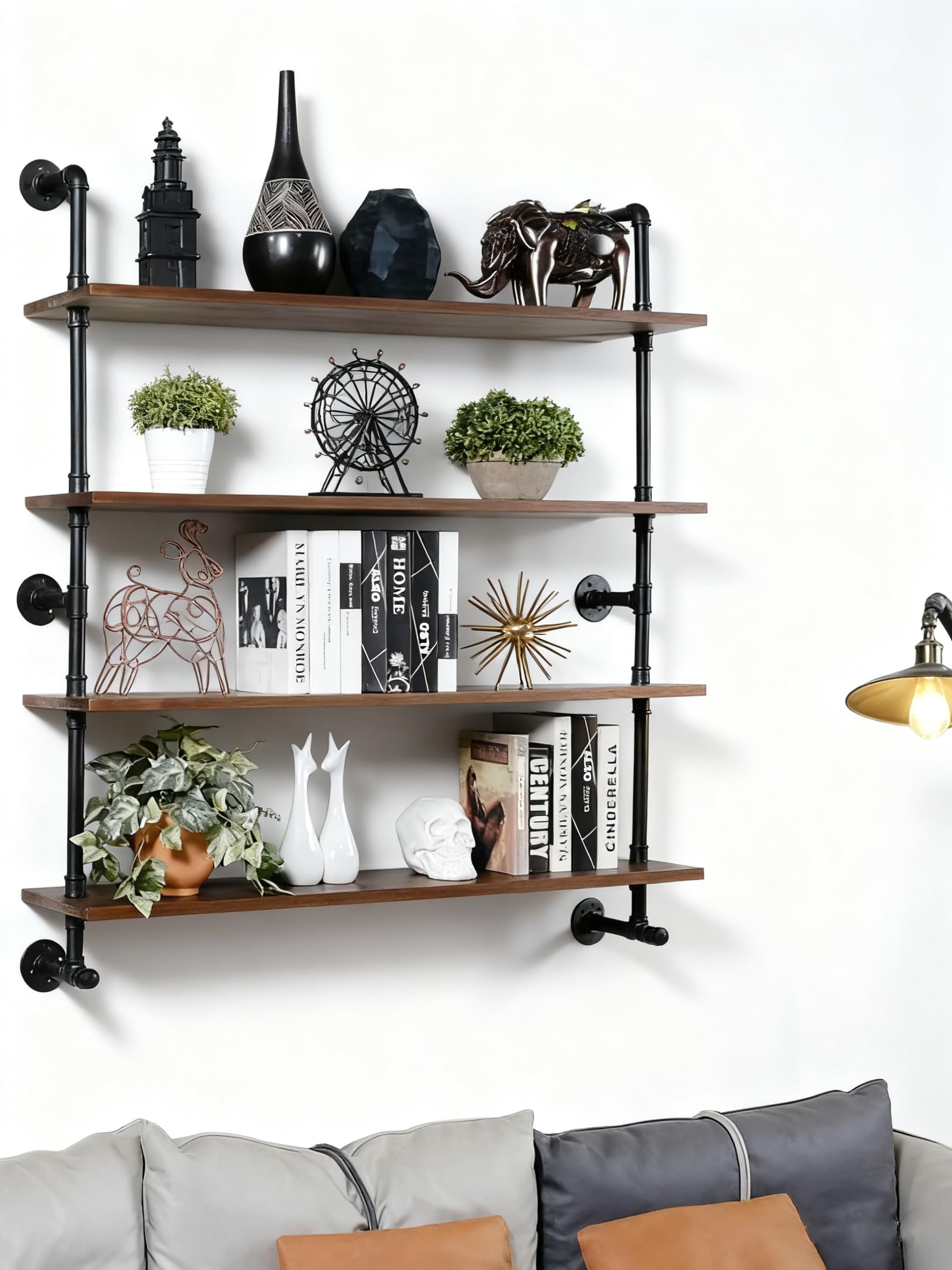 Industrial Pipe Wall Shelves Pipe Shelving with Real Wood Plank ,48 Inches Floating Shelves for Wall Farmhouse Pipe Book Shelves Dark Brown 3 Tier for Kitchen,Living Room Decor and Bar Shelving