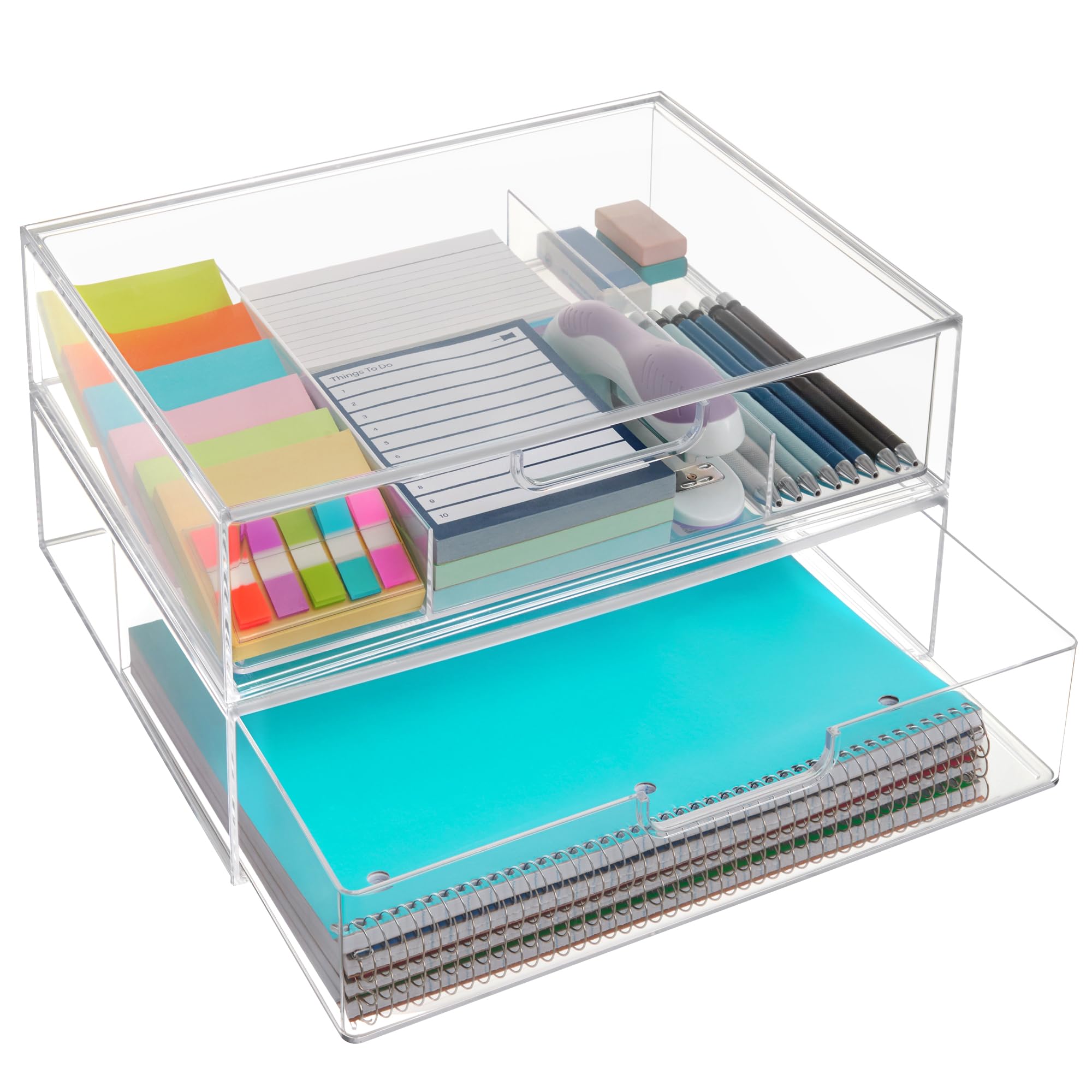 STORi STAX Plastic Stackable Organizer Drawers (Set of 2) Clear | 12.5" Wide | Set Includes One Open Drawer & One Divided Drawer | Organize Office Desk Accessories & Sort Paper | Made in USA