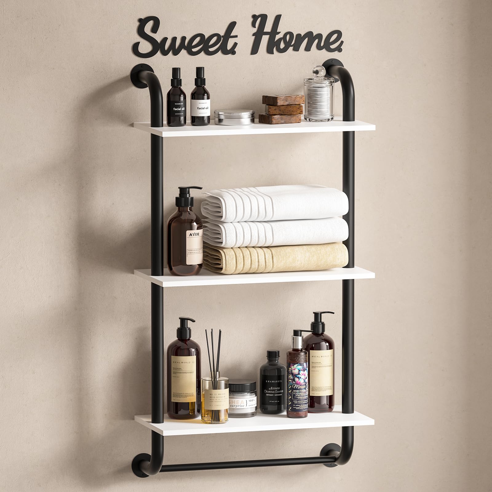 Tinpin Bathroom Shelves Wall Mounted, 3-Tier Rustic Wood Wall Shelf, 17.3 inch Industrial Pipe Floating Shelf for Bathroom,Kitchen,Bedroom,Living Room,Brown