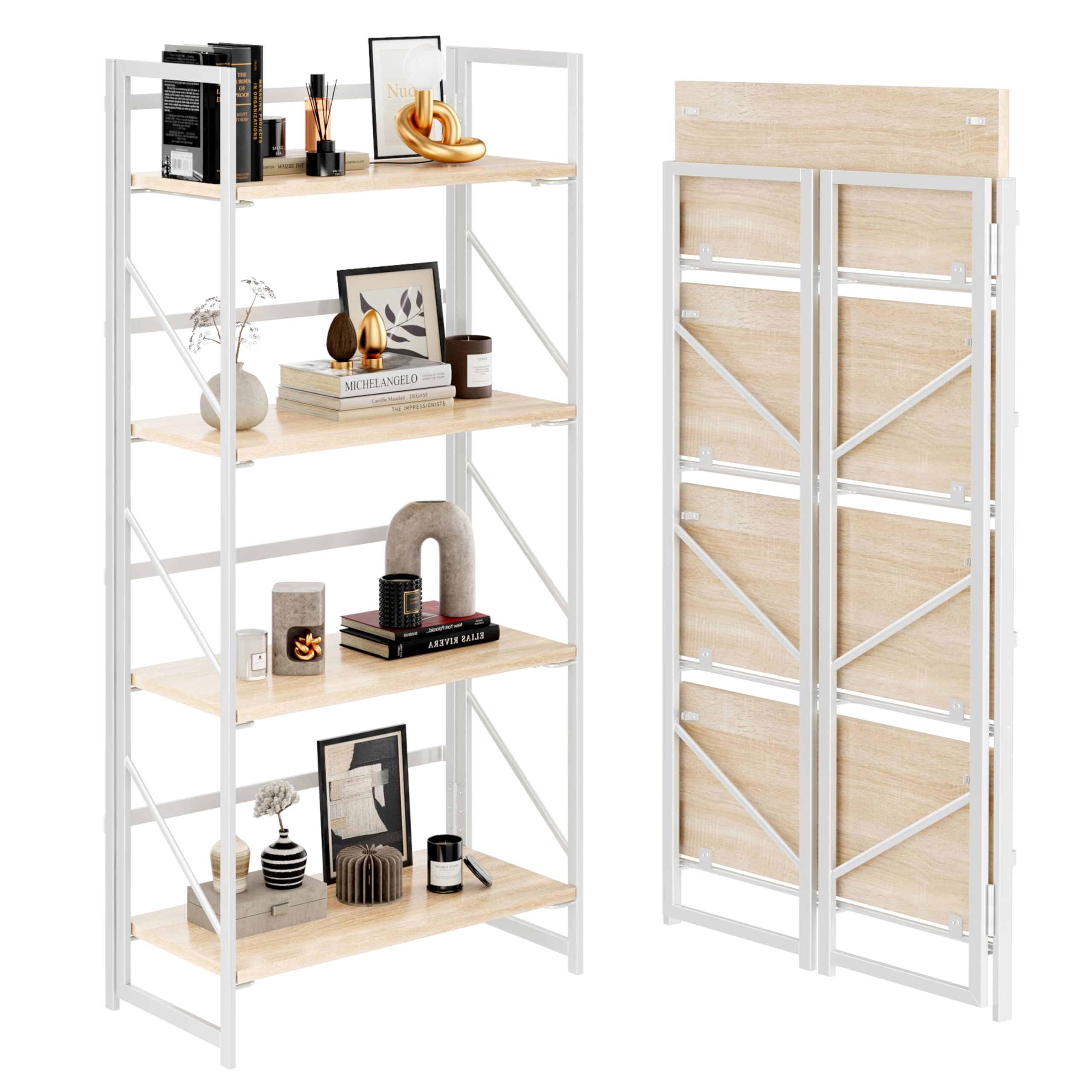 JSB No Assembly Folding Bookshelf, 4 Tier Industrial Metal Book Shelf for Storage, Vintage Wood Foldable Bookcase for Living Room, Bedroom, Office Organization Shelves