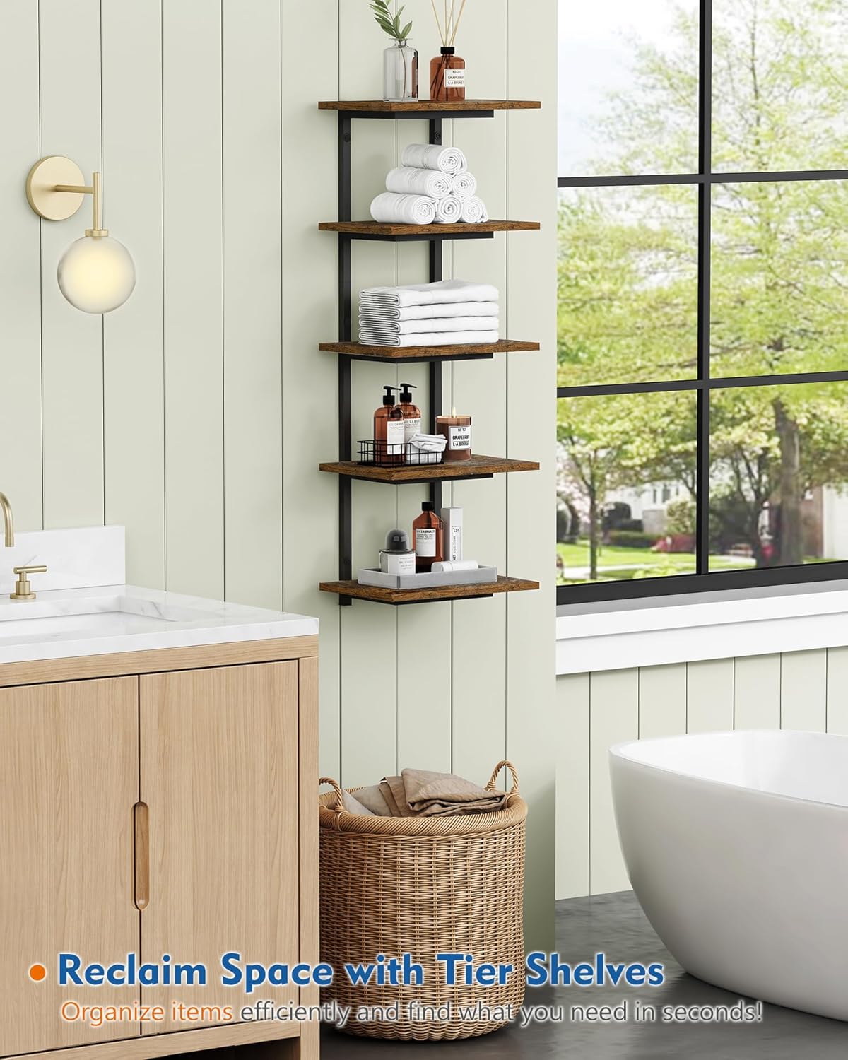 Harwaya 5 Tier Wall Bookshelf Unit for Bedroom Books, Large Floating Book Shelves Wall Mounted, Rustic Wood Lack Tiered Hanging Shelf for Kitchen Office Living Room Corner (Dark Brown)