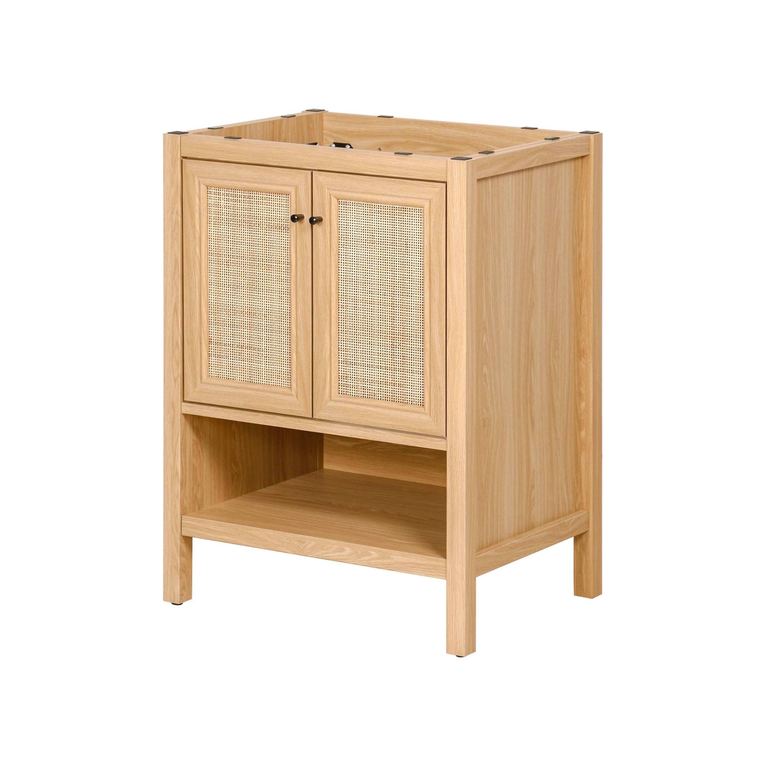 JONATHAN Y VAN1024A Jasper 30 in. W x 18 in. D x 33 in. H Rattan Modern Coastal 2-Shelf Bathroom Vanity Cabinet Only with Soft Closing Doors (Sink Basin Not Included), Oak