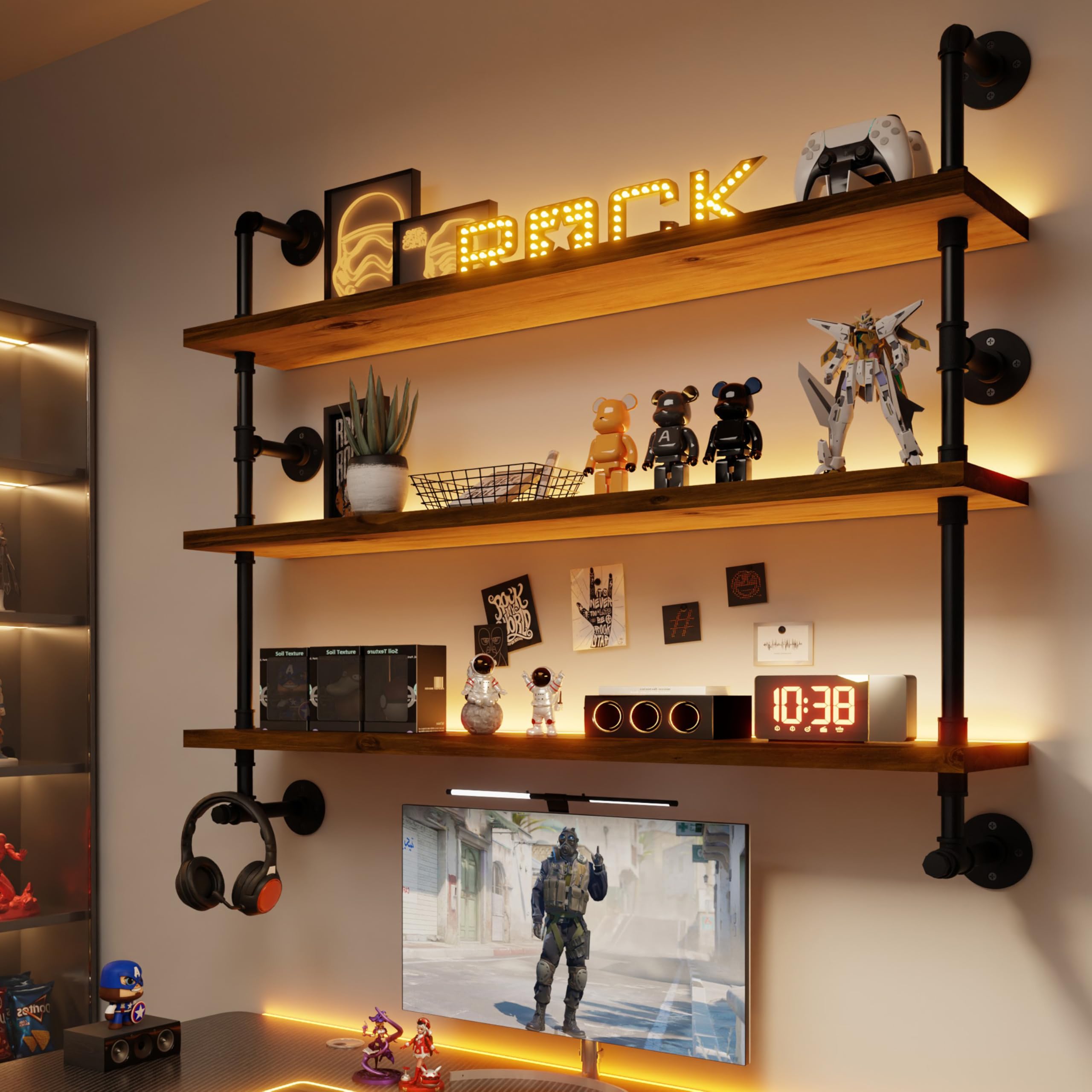 Industrial Pipe Wall Shelves Pipe Shelving with Real Wood Plank ,48 Inches Floating Shelves for Wall Farmhouse Pipe Book Shelves Dark Brown 3 Tier for Kitchen,Living Room Decor and Bar Shelving