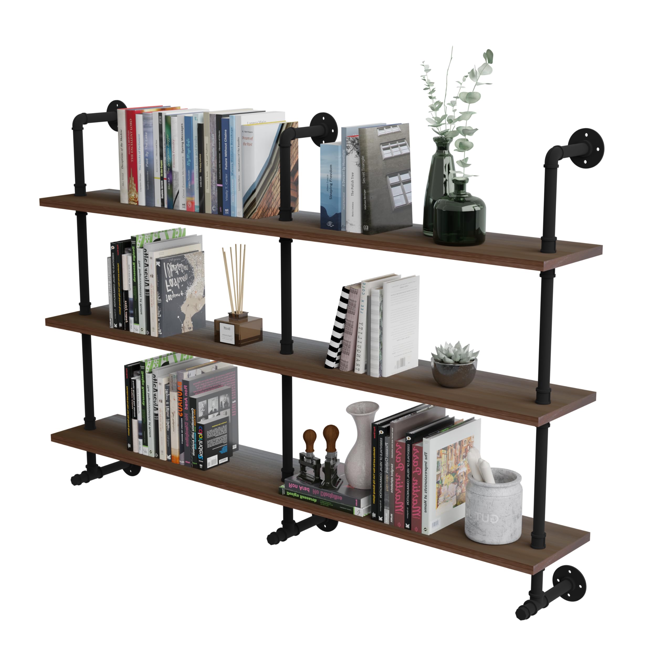 Industrial Pipe Wall Shelves Pipe Shelving with Real Wood Plank ,48 Inches Floating Shelves for Wall Farmhouse Pipe Book Shelves Dark Brown 3 Tier for Kitchen,Living Room Decor and Bar Shelving