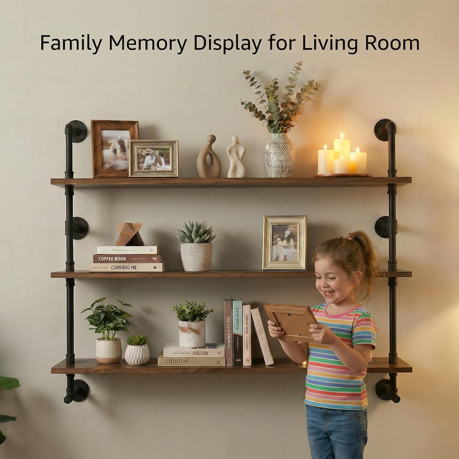 Industrial Pipe Wall Shelves Pipe Shelving with Real Wood Plank ,48 Inches Floating Shelves for Wall Farmhouse Pipe Book Shelves Dark Brown 3 Tier for Kitchen,Living Room Decor and Bar Shelving