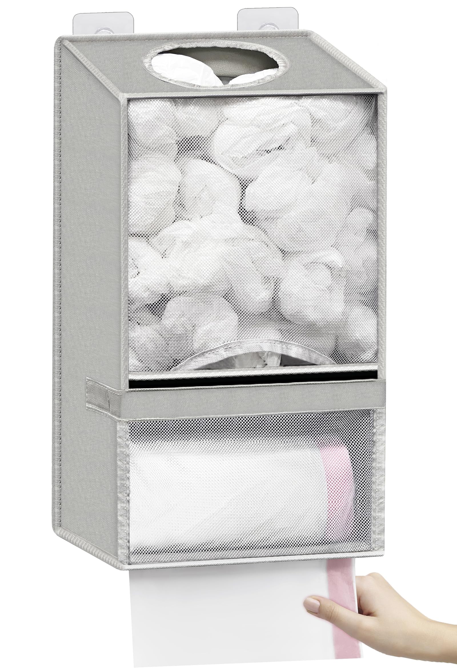 Spaclear Wall Mount Plastic Bag Holder - Large Oxford Cloth Grocery Bag Holder, 2-in-1 Plastic Bags Organizer with Trash Roll Dispenser for Home Kitchen Closet Cabinets Sink, Gray