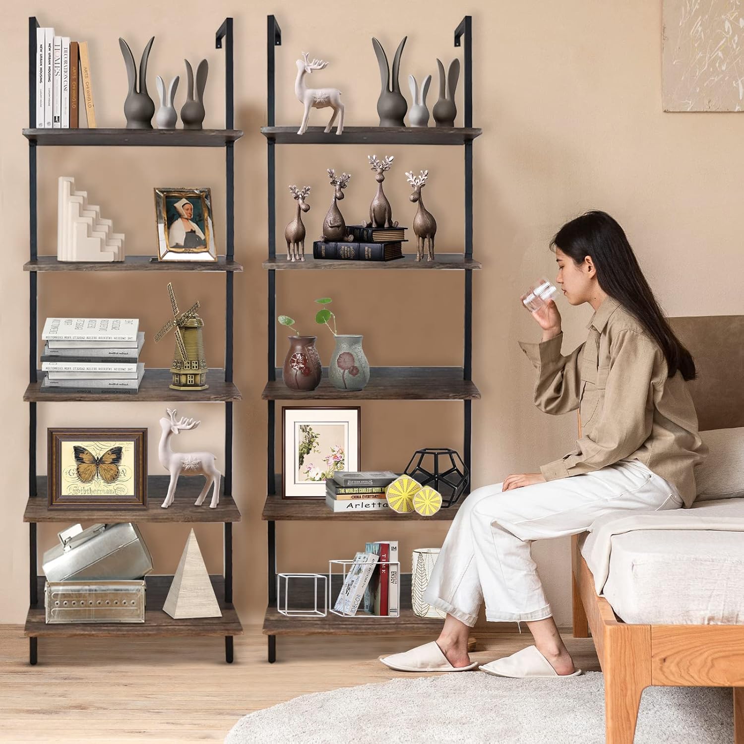 aboxoo Ladder Shelf 2PCS Open Bookshelf 5-Tier Wall-Mounted Wood Bookcase Rack Open Back Industrial Modern Plant Flower Stand Utility OrganizerMetal Frame Furniture Office Kitchen Bedroom (Brown)