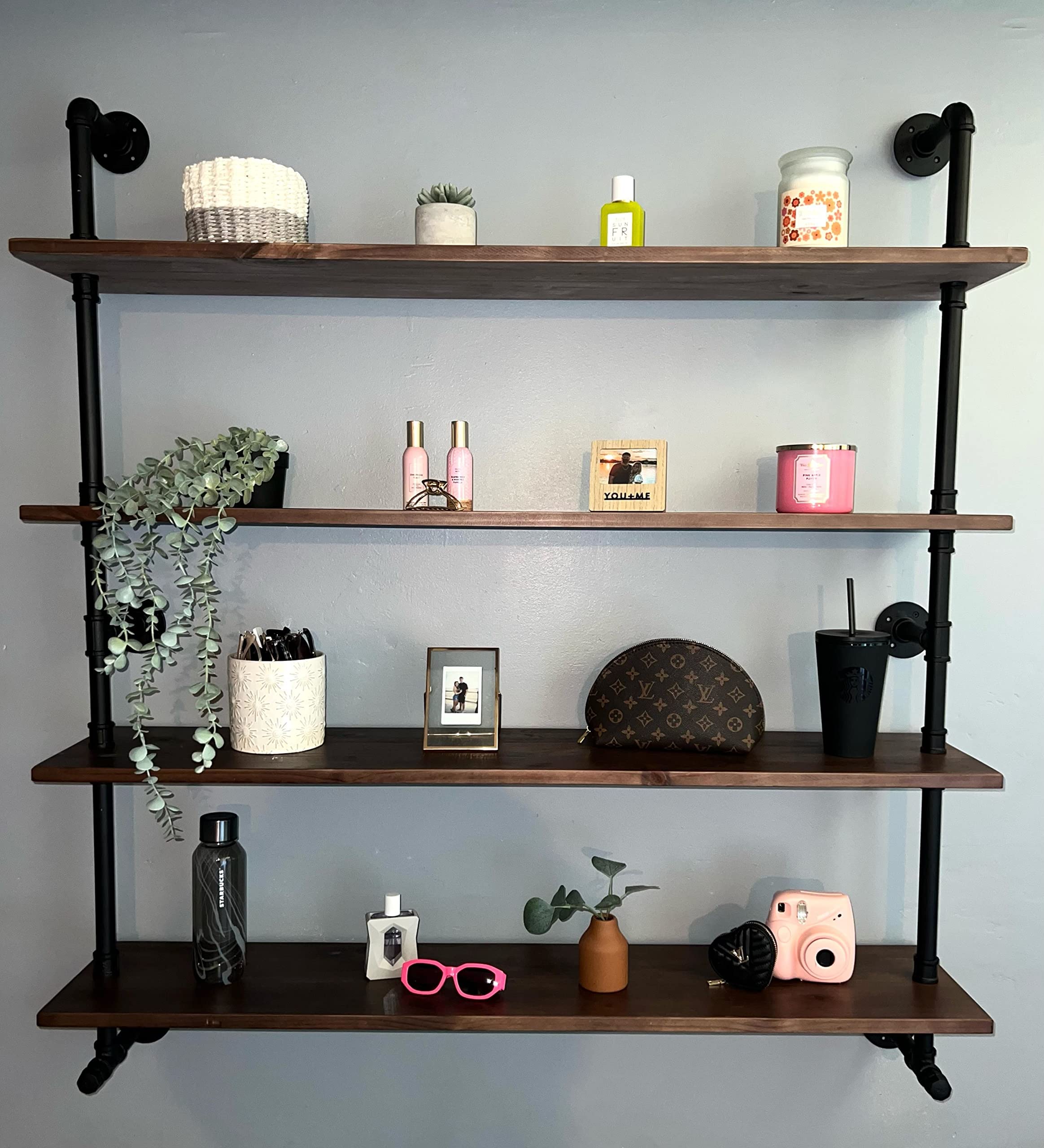Industrial Pipe Wall Shelves Pipe Shelving with Real Wood Plank ,48 Inches Floating Shelves for Wall Farmhouse Pipe Book Shelves Dark Brown 3 Tier for Kitchen,Living Room Decor and Bar Shelving
