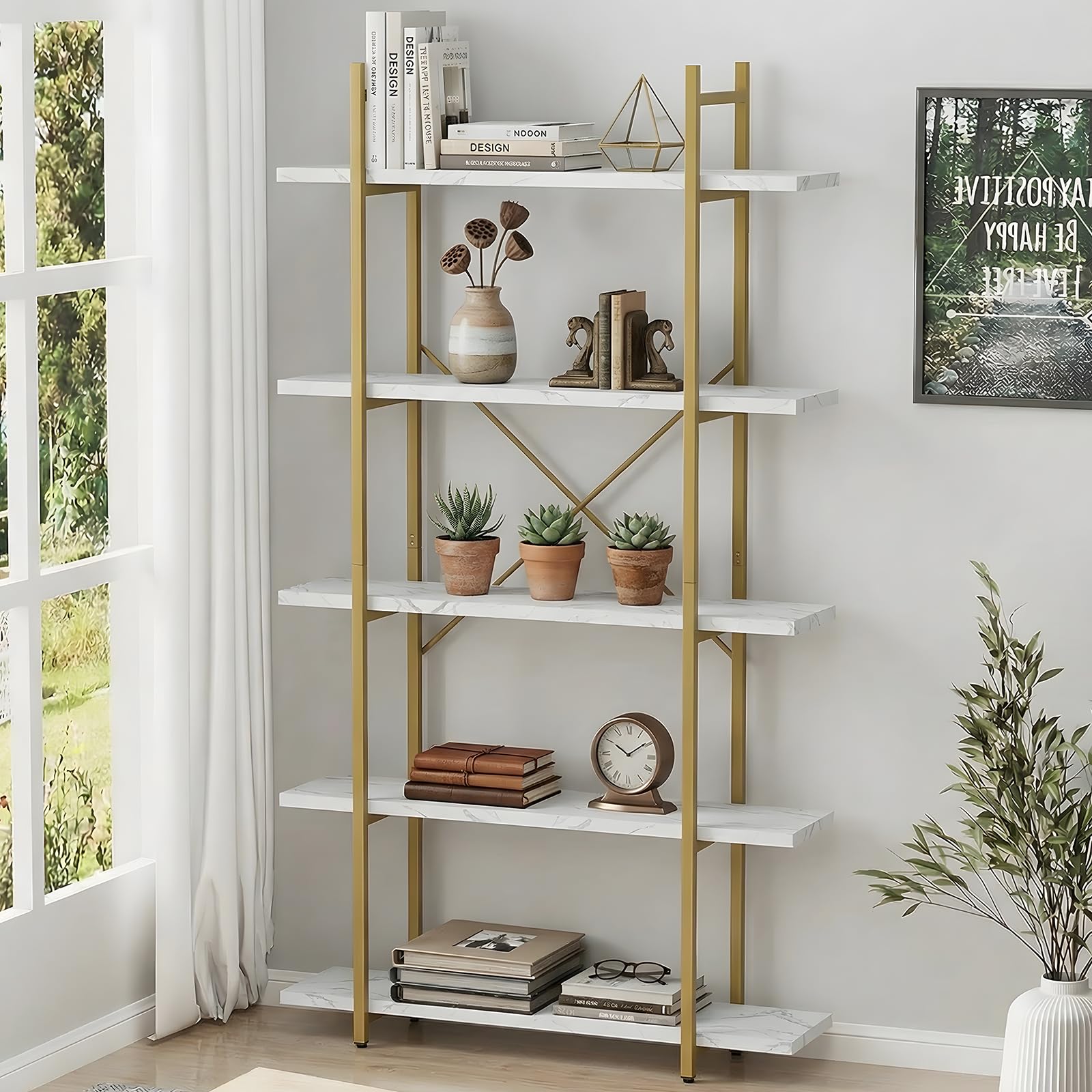 5 Tiers Bookshelf Organizer Industrial Shelf,Modern Open Display Storage Bookcase,Rustic Brown and Metal Bookshelf Standing Storage Shelf Tall Shelving Units for Home Office Study.