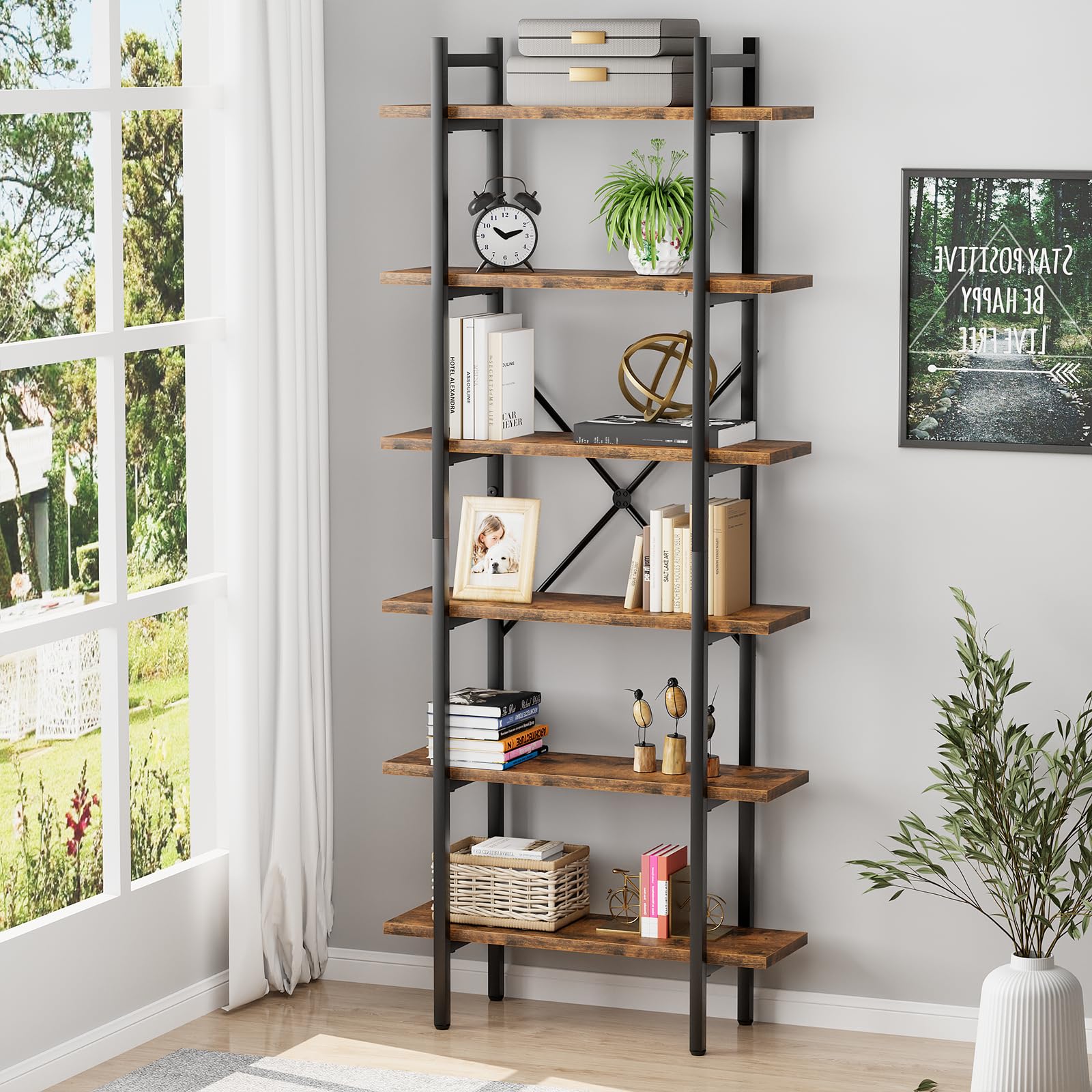 5 Tiers Bookshelf Organizer Industrial Shelf,Modern Open Display Storage Bookcase,Rustic Brown and Metal Bookshelf Standing Storage Shelf Tall Shelving Units for Home Office Study.