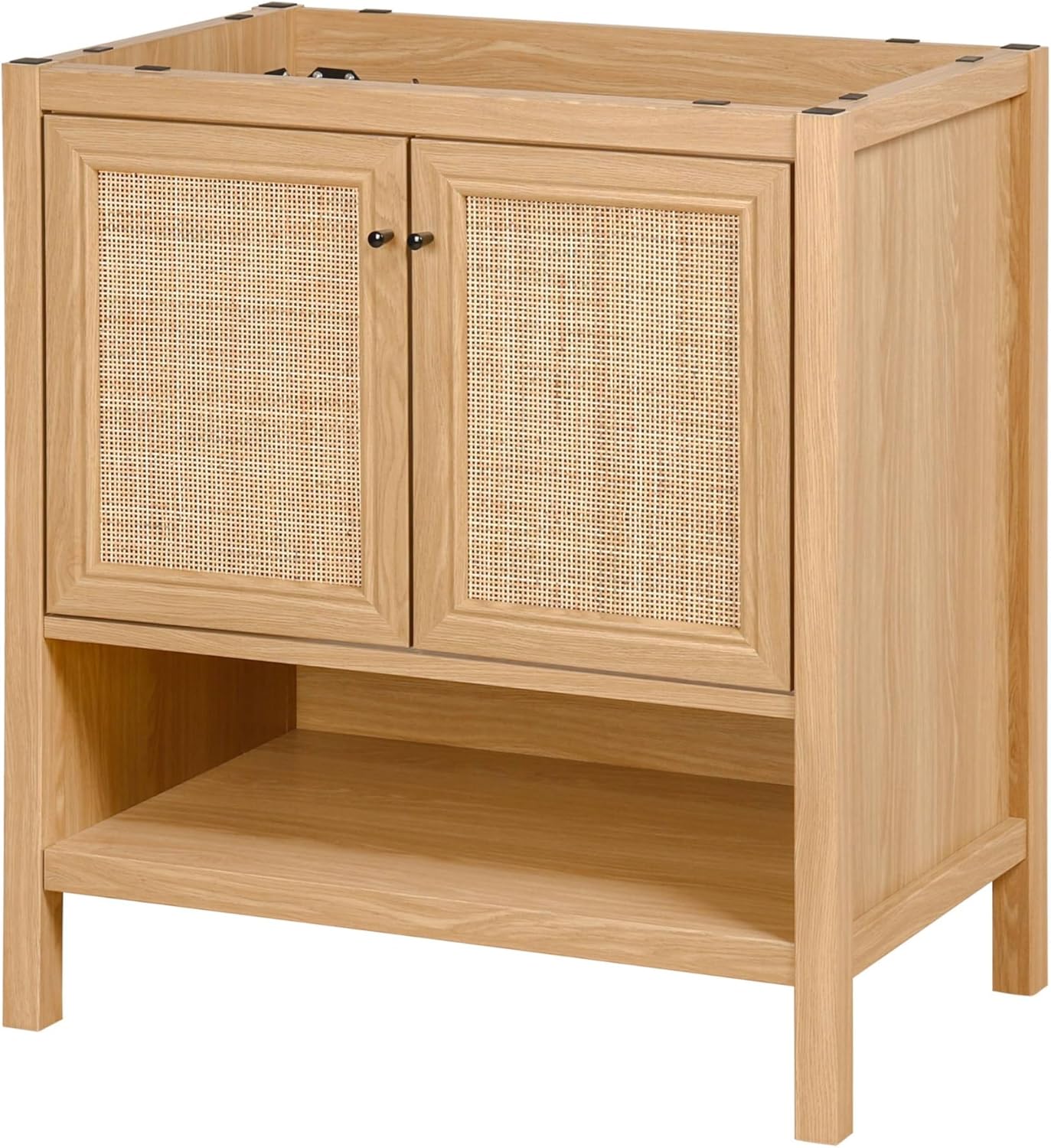JONATHAN Y VAN1024A Jasper 30 in. W x 18 in. D x 33 in. H Rattan Modern Coastal 2-Shelf Bathroom Vanity Cabinet Only with Soft Closing Doors (Sink Basin Not Included), Oak