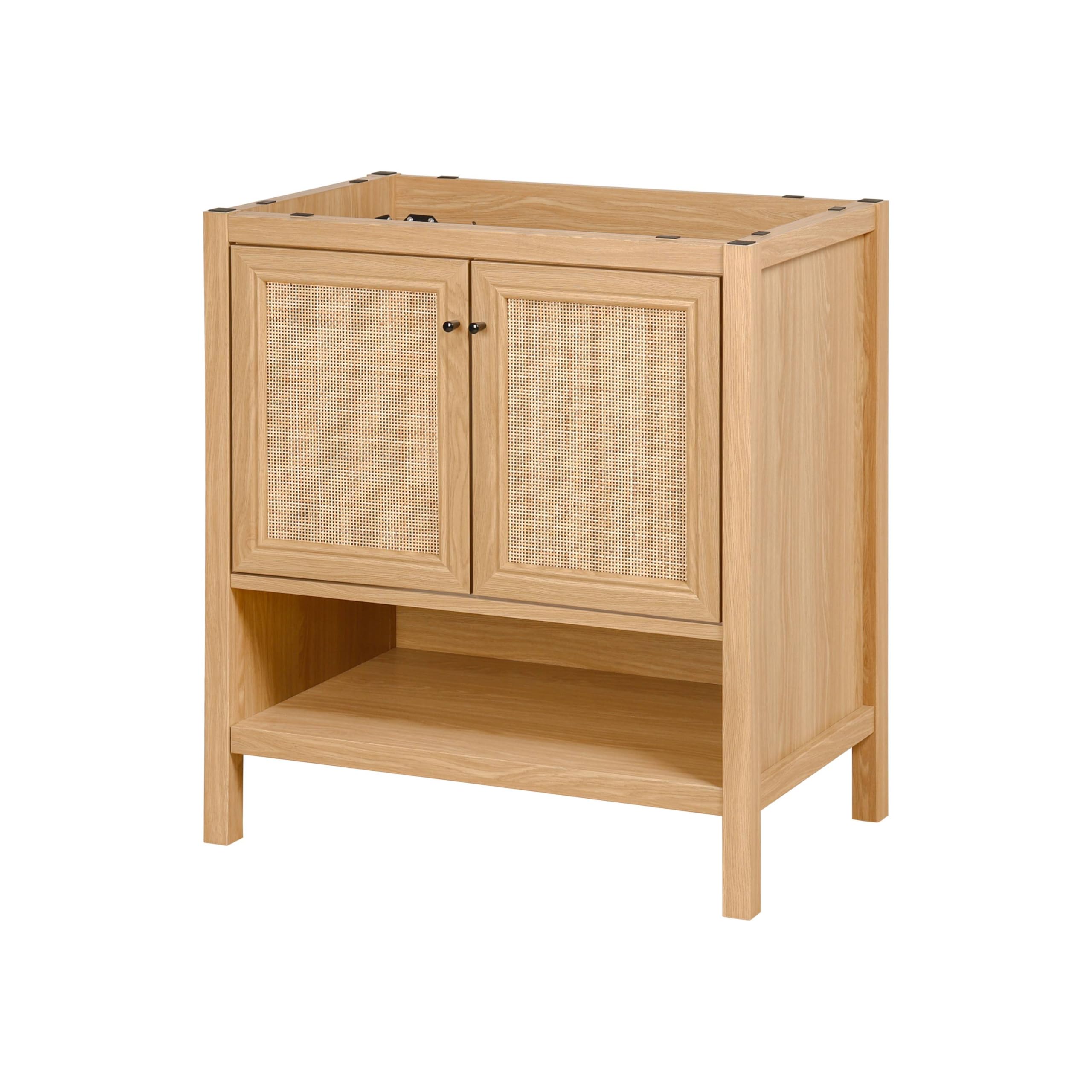 JONATHAN Y VAN1024A Jasper 30 in. W x 18 in. D x 33 in. H Rattan Modern Coastal 2-Shelf Bathroom Vanity Cabinet Only with Soft Closing Doors (Sink Basin Not Included), Oak
