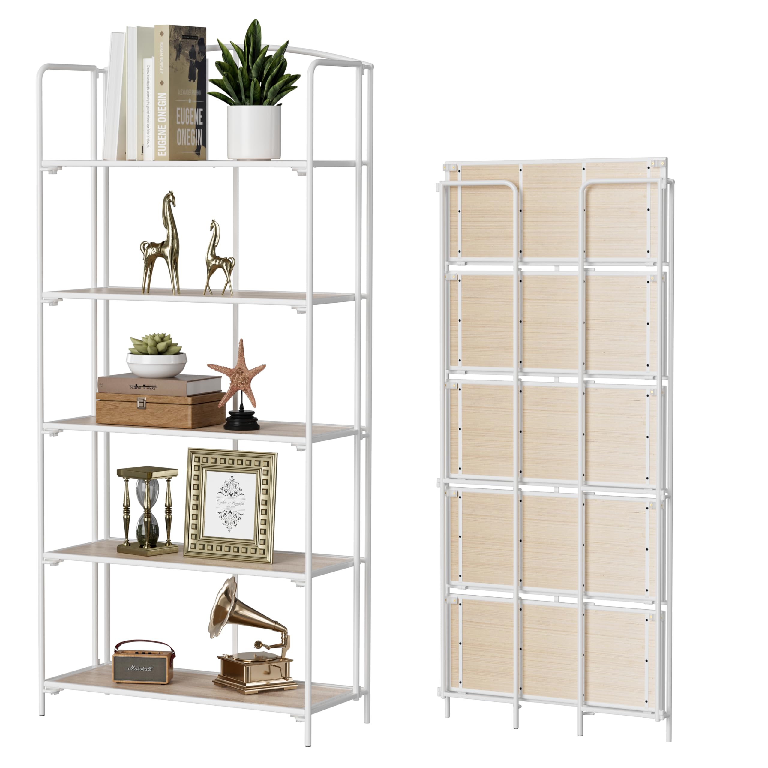Crofy No Assembly Folding Bookshelf for Living Room, 5 Tier White Collapsible Book Shelf for Home Office, Portable Bookcase Storage Organizer