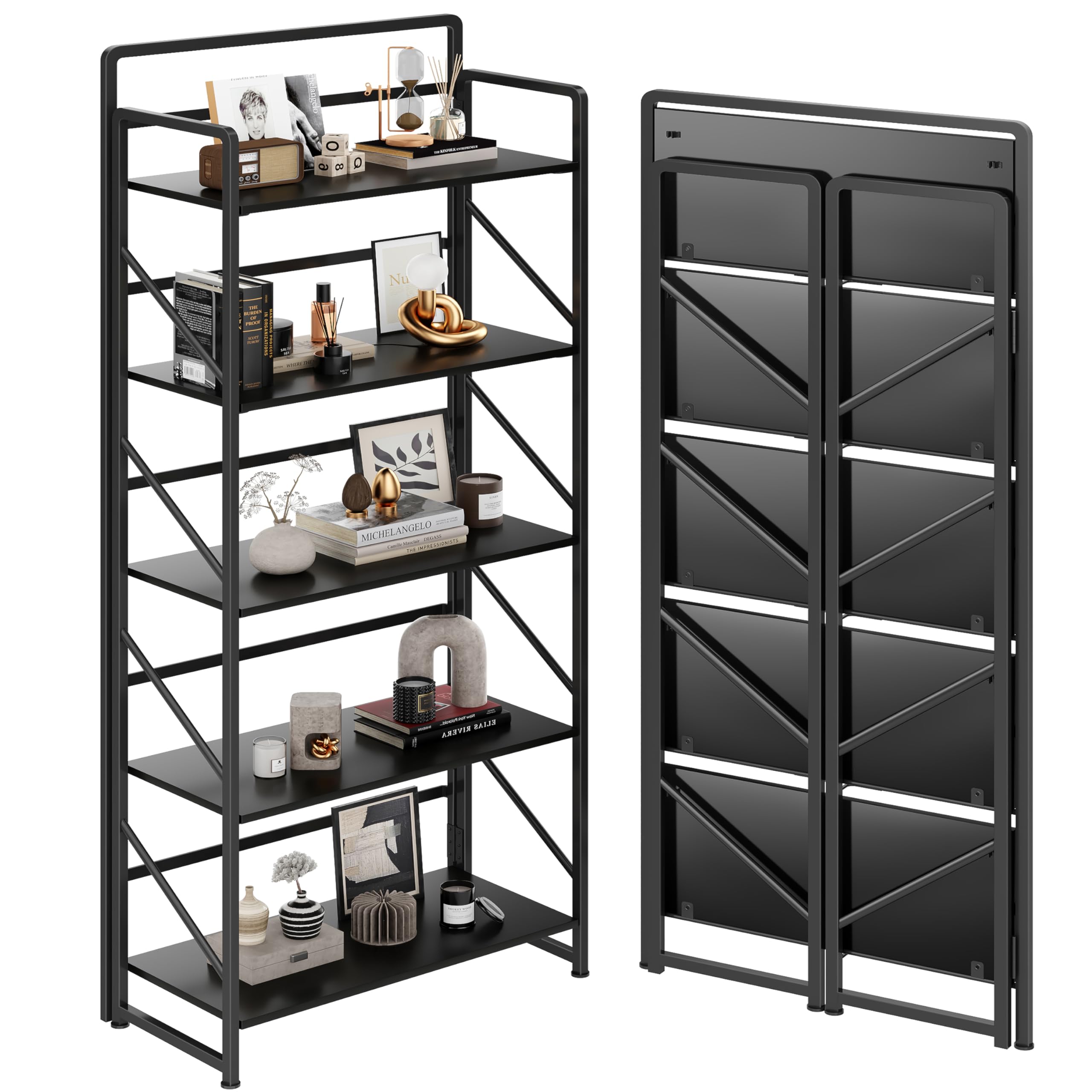JSB No Assembly Folding Bookshelf, 4 Tier Industrial Metal Book Shelf for Storage, Vintage Wood Foldable Bookcase for Living Room, Bedroom, Office Organization Shelves
