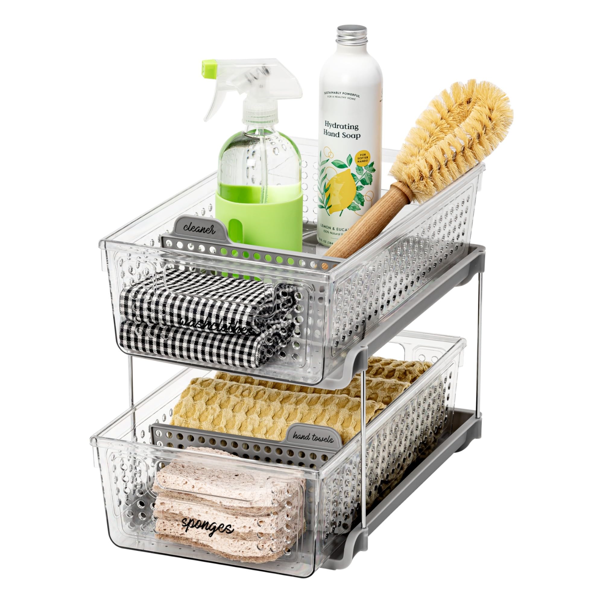 madesmart 2 Tier Organizer, Under Cabinet Storage with Pull Out Sliding Drawers, for Cleaning Supplies, Undersink Storage, Sponges, Bottles & Bath, Adjustable Dividers & Pull Out Baskets, Clear