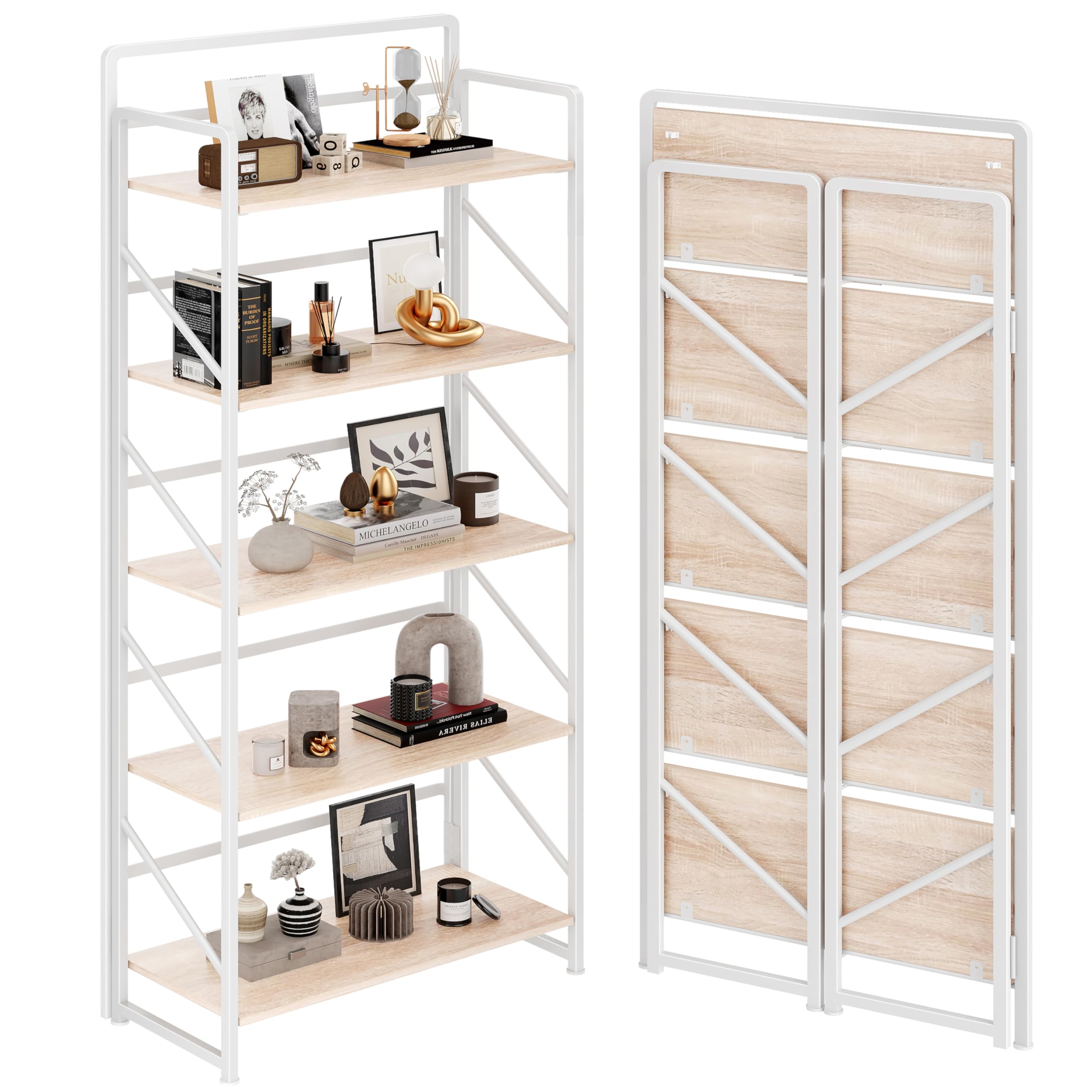 JSB No Assembly Folding Bookshelf, 4 Tier Industrial Metal Book Shelf for Storage, Vintage Wood Foldable Bookcase for Living Room, Bedroom, Office Organization Shelves