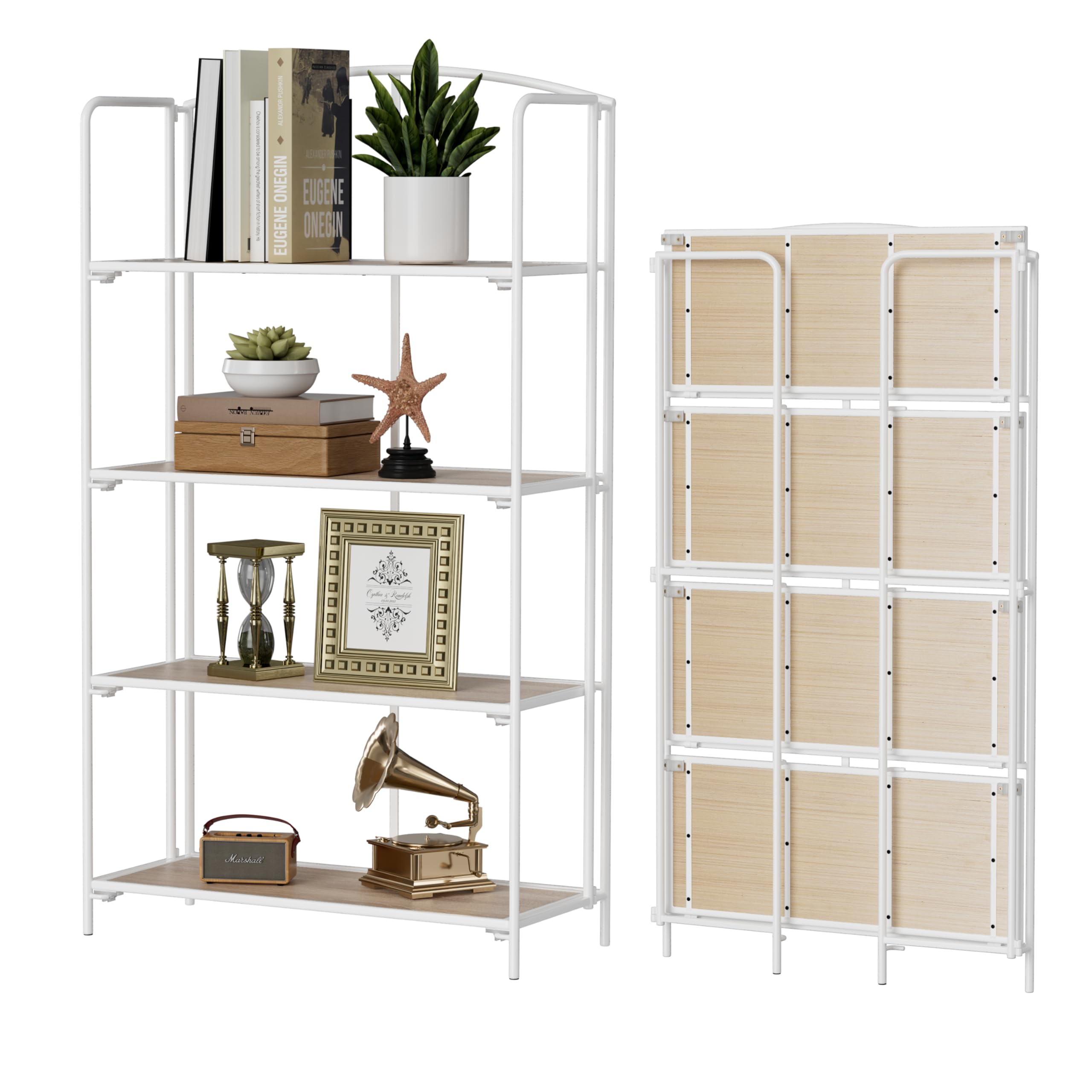Crofy No Assembly Folding Bookshelf for Living Room, 5 Tier White Collapsible Book Shelf for Home Office, Portable Bookcase Storage Organizer