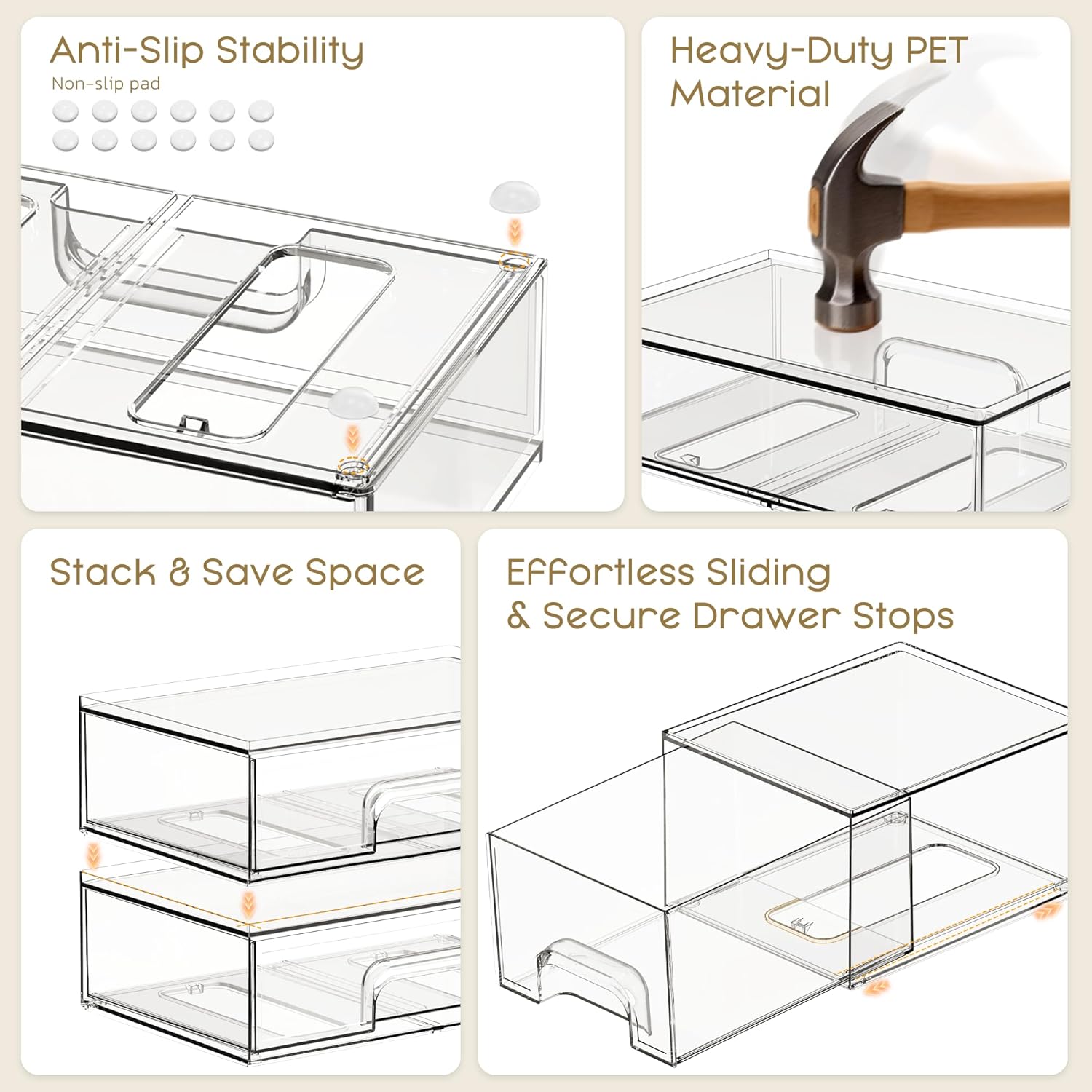 Criusia Stackable Storage Drawers, 3 Pack Clear Acrylic Makeup & Bathroom Organizer, Versatile Storage Bins for Vanity, Under Sink, Kitchen Cabinets & Pantry
