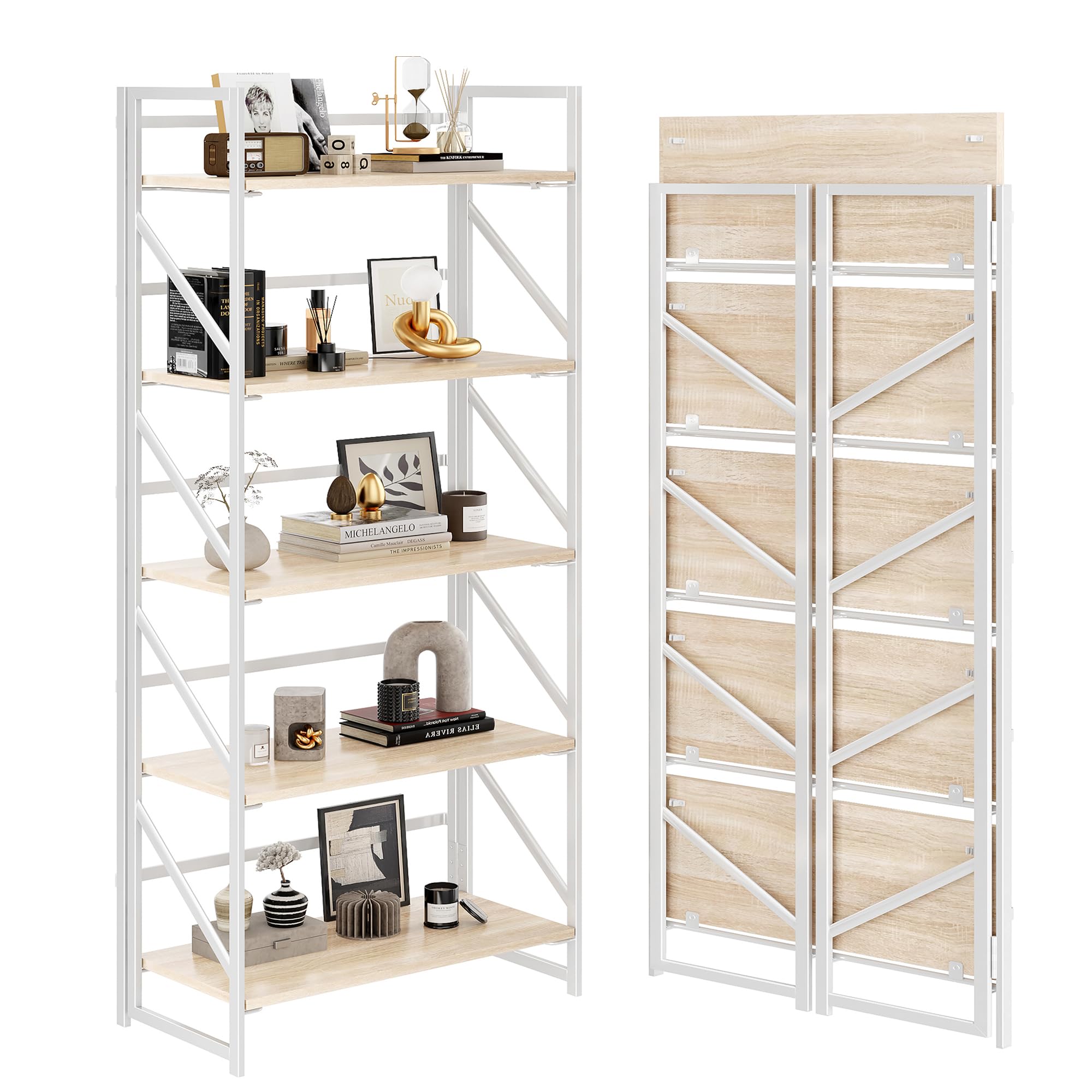 JSB No Assembly Folding Bookshelf, 4 Tier Industrial Metal Book Shelf for Storage, Vintage Wood Foldable Bookcase for Living Room, Bedroom, Office Organization Shelves
