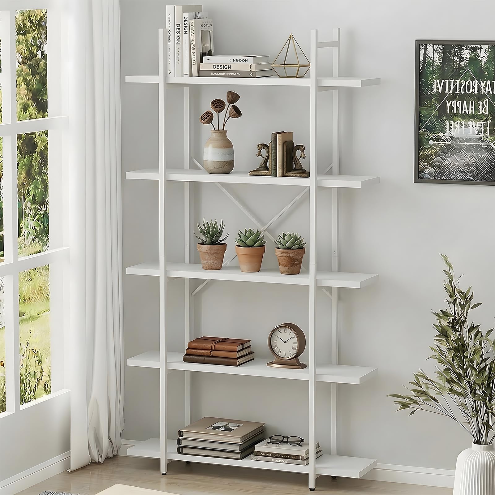 5 Tiers Bookshelf Organizer Industrial Shelf,Modern Open Display Storage Bookcase,Rustic Brown and Metal Bookshelf Standing Storage Shelf Tall Shelving Units for Home Office Study.