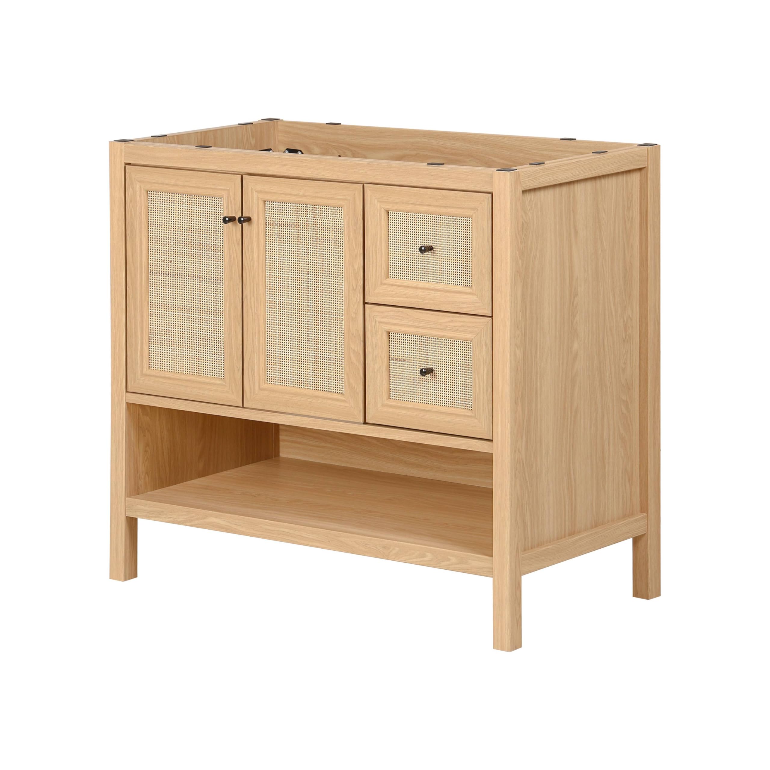 JONATHAN Y VAN1024A Jasper 30 in. W x 18 in. D x 33 in. H Rattan Modern Coastal 2-Shelf Bathroom Vanity Cabinet Only with Soft Closing Doors (Sink Basin Not Included), Oak