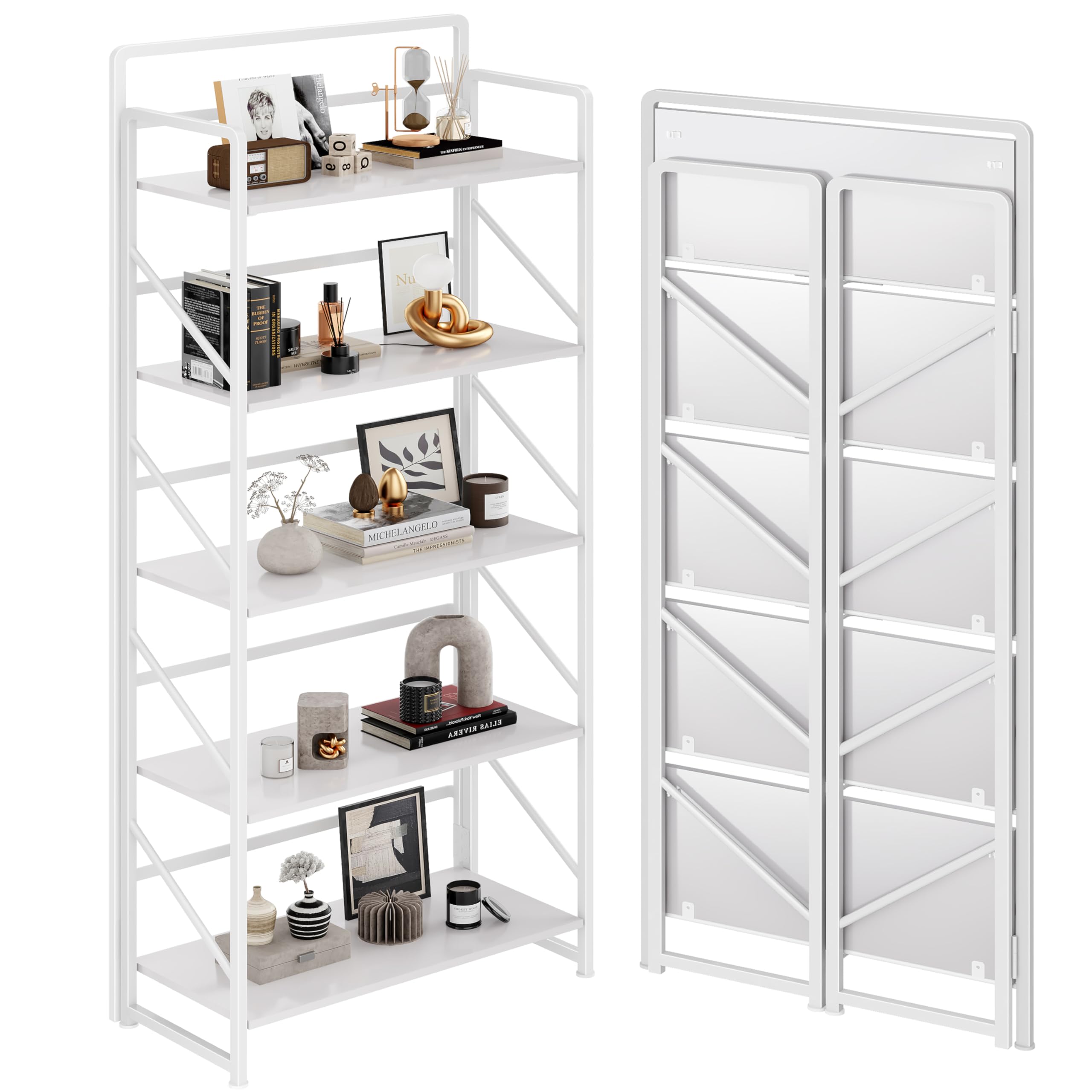 JSB No Assembly Folding Bookshelf, 4 Tier Industrial Metal Book Shelf for Storage, Vintage Wood Foldable Bookcase for Living Room, Bedroom, Office Organization Shelves