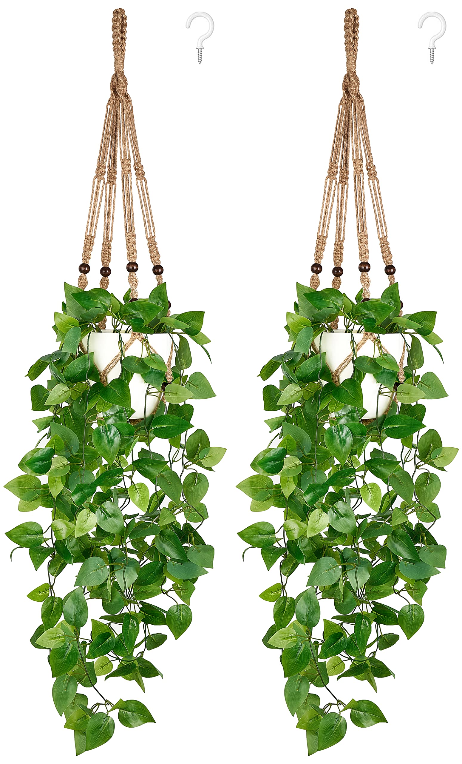 Mkono Fake Hanging Plant with Pot, Artificial Plants for Home Spring Decor Indoor Macrame Plant Hanger with Faux Vine Hanging Planter Greenery for Bedroom Bathroom Kitchen Office, Brown (Pothos)