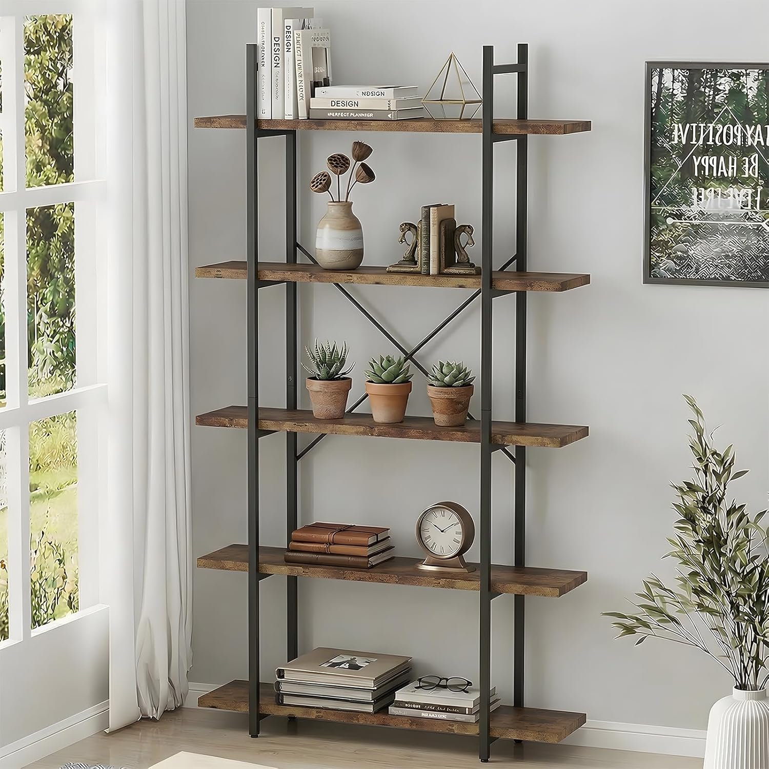 5 Tiers Bookshelf Organizer Industrial Shelf,Modern Open Display Storage Bookcase,Rustic Brown and Metal Bookshelf Standing Storage Shelf Tall Shelving Units for Home Office Study.