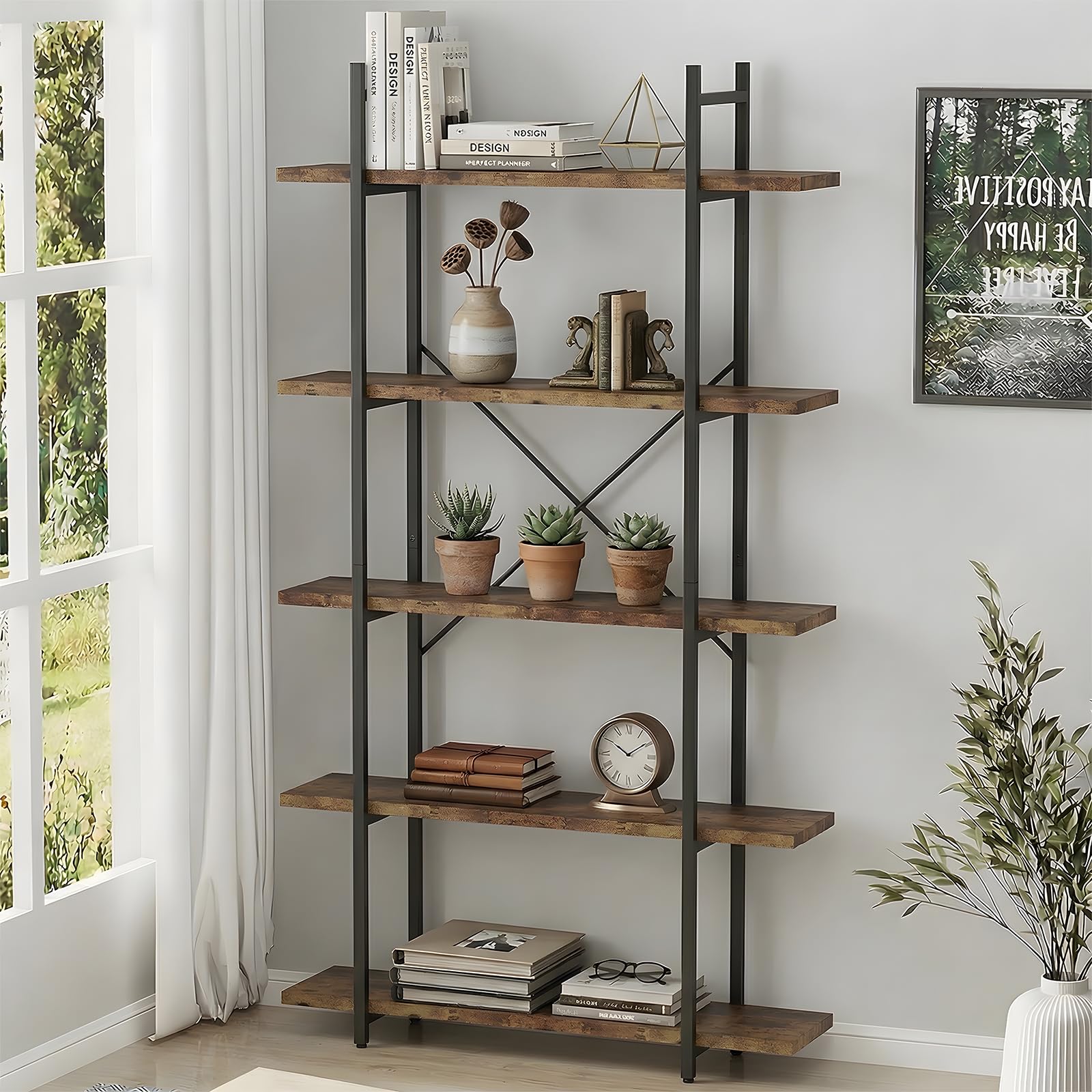 5 Tiers Bookshelf Organizer Industrial Shelf,Modern Open Display Storage Bookcase,Rustic Brown and Metal Bookshelf Standing Storage Shelf Tall Shelving Units for Home Office Study.