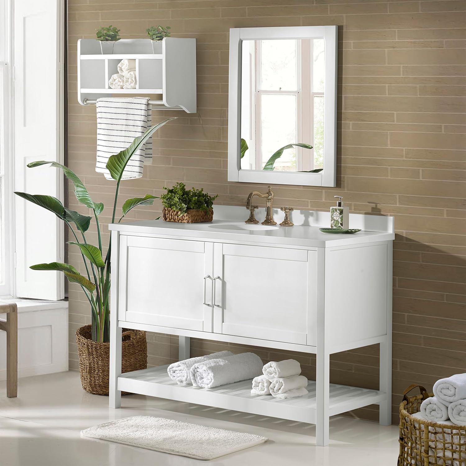 Alaterre Furniture Bennet Bathroom Vanity Cabinet with Soft-Close Shaker Doors and Open Shelf – 48-Inch Freestanding Bathroom Vanity Without Sink – Wood Bathroom Sink Base Cabinet (White)