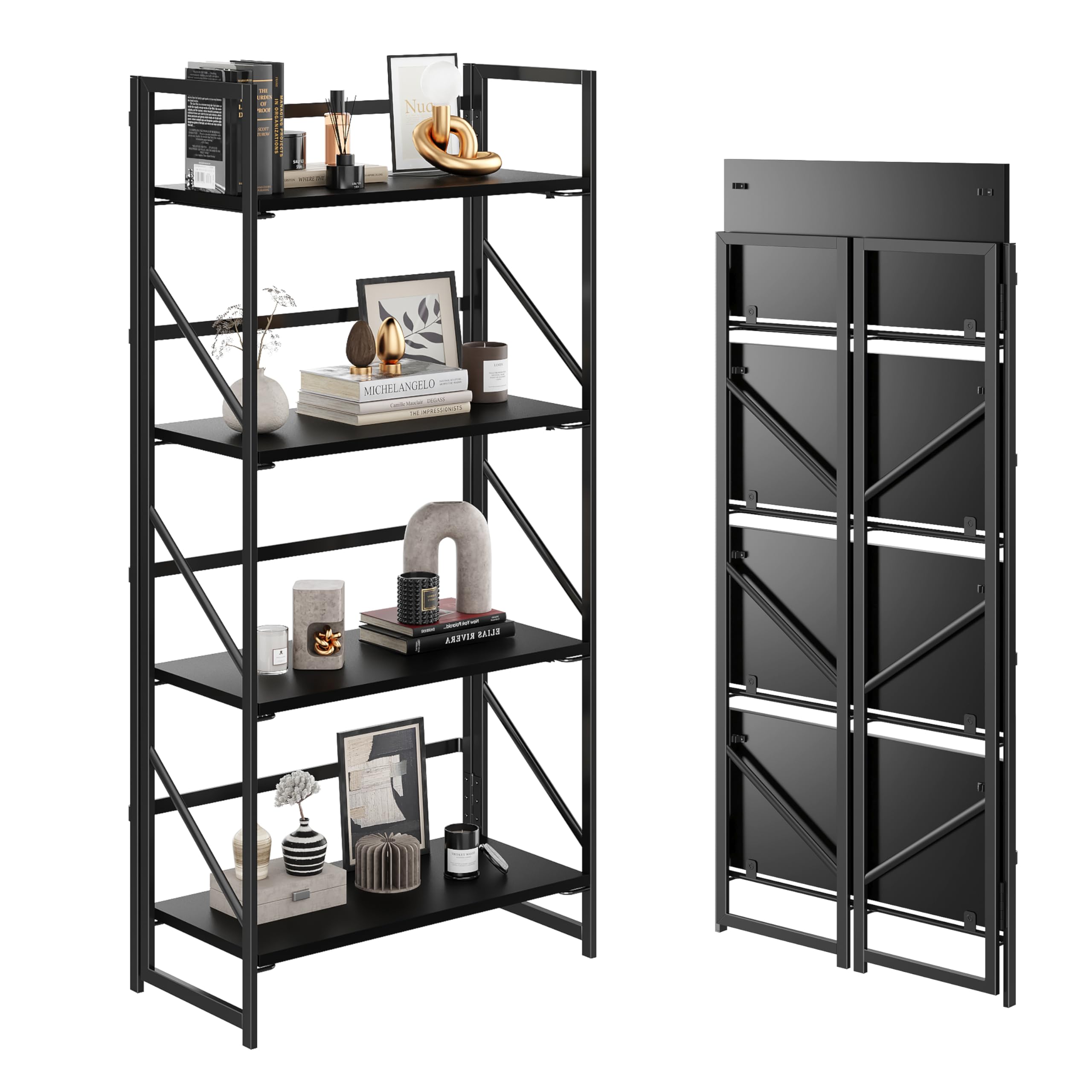JSB No Assembly Folding Bookshelf, 4 Tier Industrial Metal Book Shelf for Storage, Vintage Wood Foldable Bookcase for Living Room, Bedroom, Office Organization Shelves
