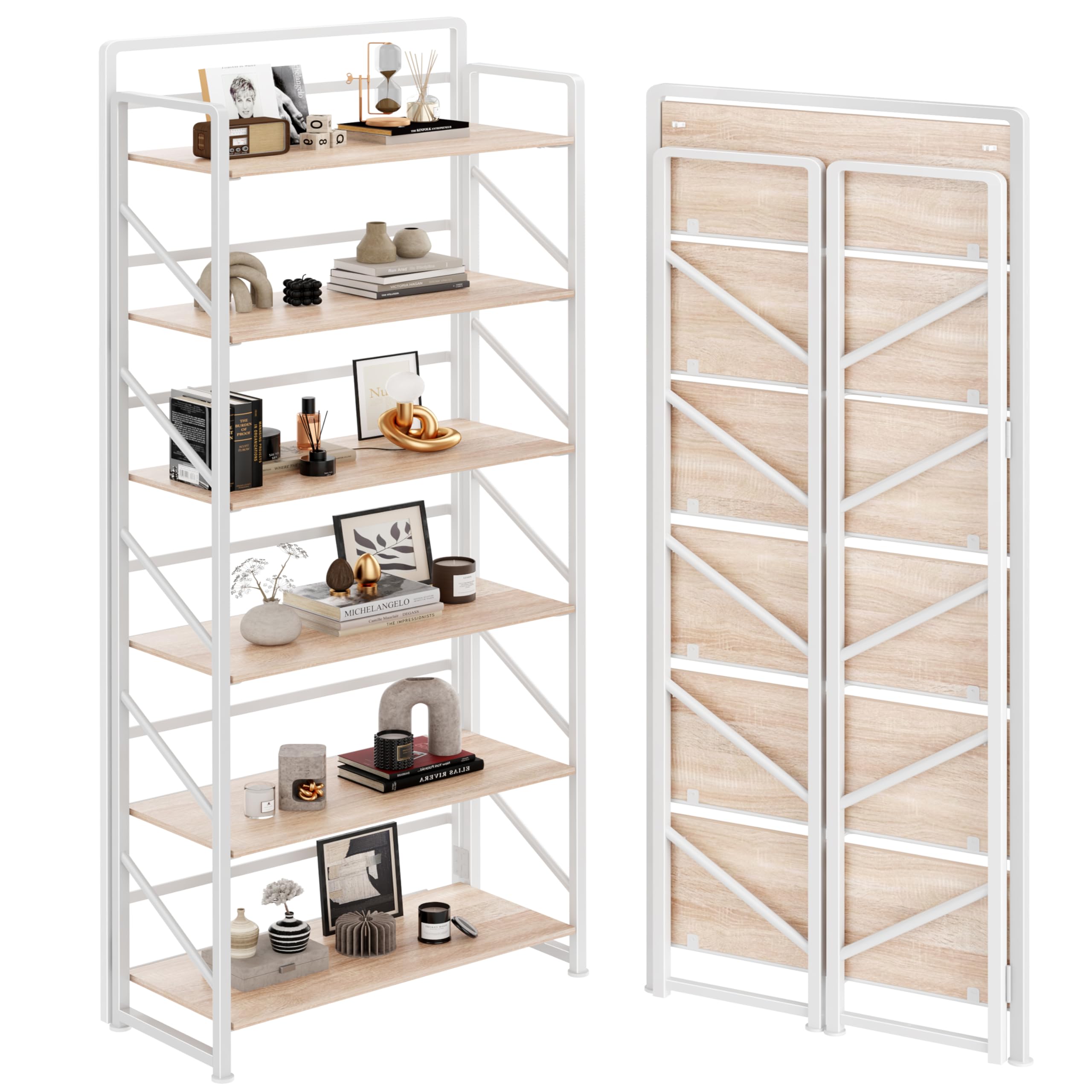 JSB No Assembly Folding Bookshelf, 4 Tier Industrial Metal Book Shelf for Storage, Vintage Wood Foldable Bookcase for Living Room, Bedroom, Office Organization Shelves