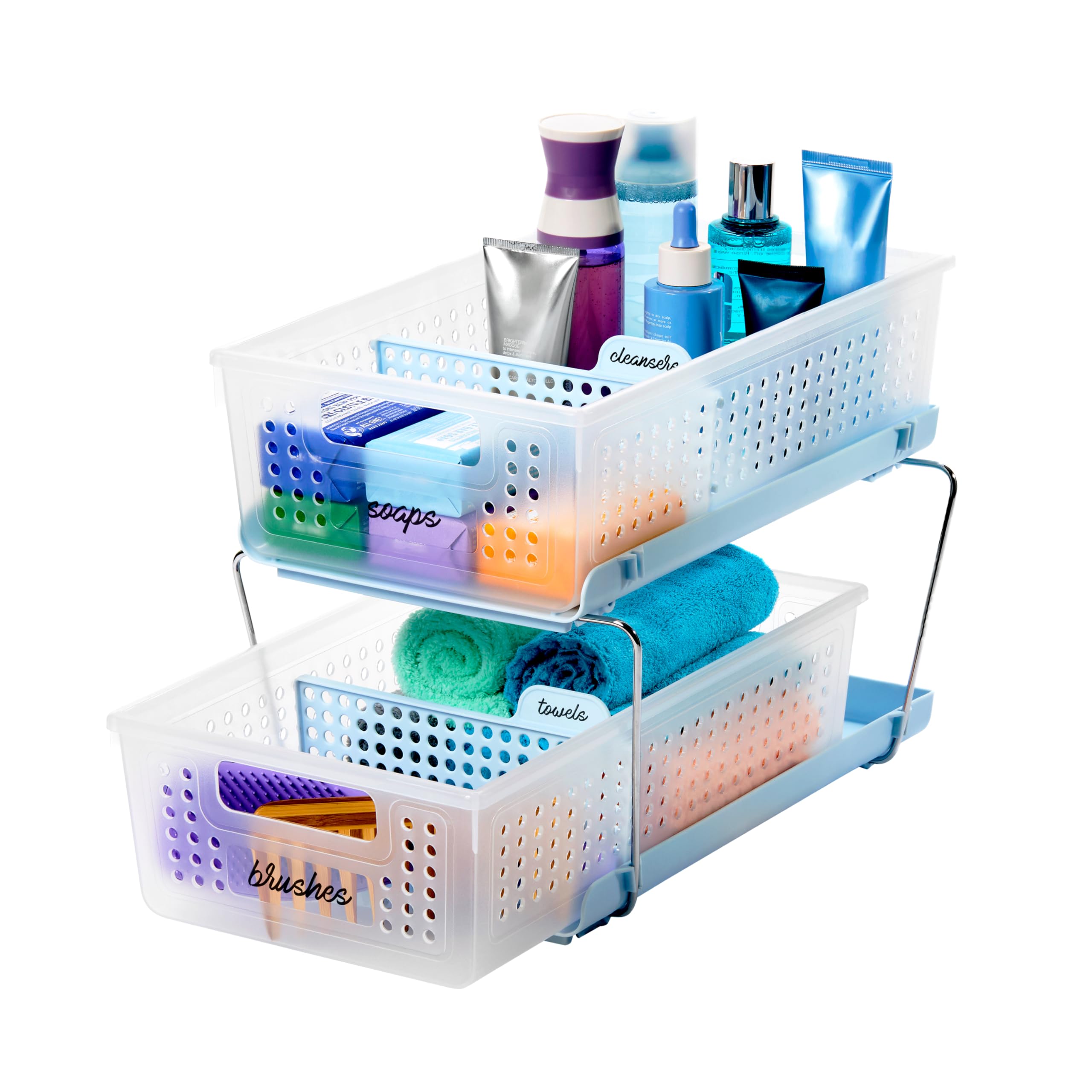 madesmart 2 Tier Organizer, Under Cabinet Storage with Pull Out Sliding Drawers, for Cleaning Supplies, Undersink Storage, Sponges, Bottles & Bath, Adjustable Dividers & Pull Out Baskets, Clear