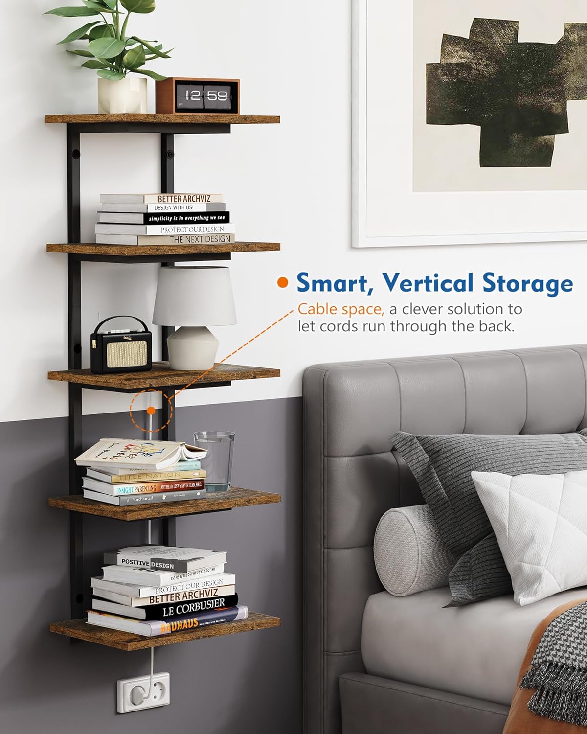 Harwaya 5 Tier Wall Bookshelf Unit for Bedroom Books, Large Floating Book Shelves Wall Mounted, Rustic Wood Lack Tiered Hanging Shelf for Kitchen Office Living Room Corner (Dark Brown)