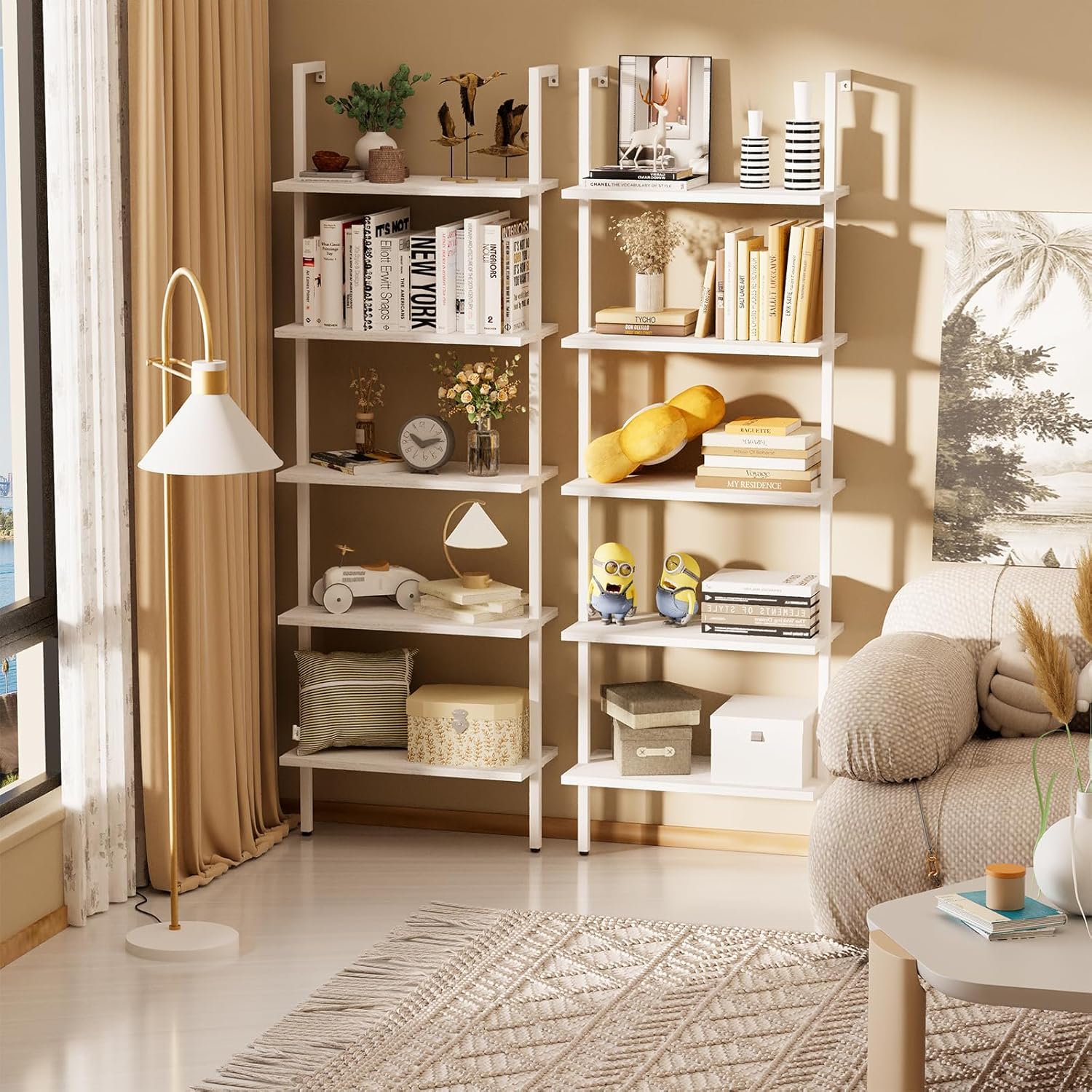 aboxoo Ladder Shelf 2 PCS White Bookshelf 5-Tier Wooden Open Shelf Wall-Mounted Wood Rack Industrial Modern Plant Flower Stand Utility Organizer Bookcase Metal Frame Furniture Office Kitchen Bedroom