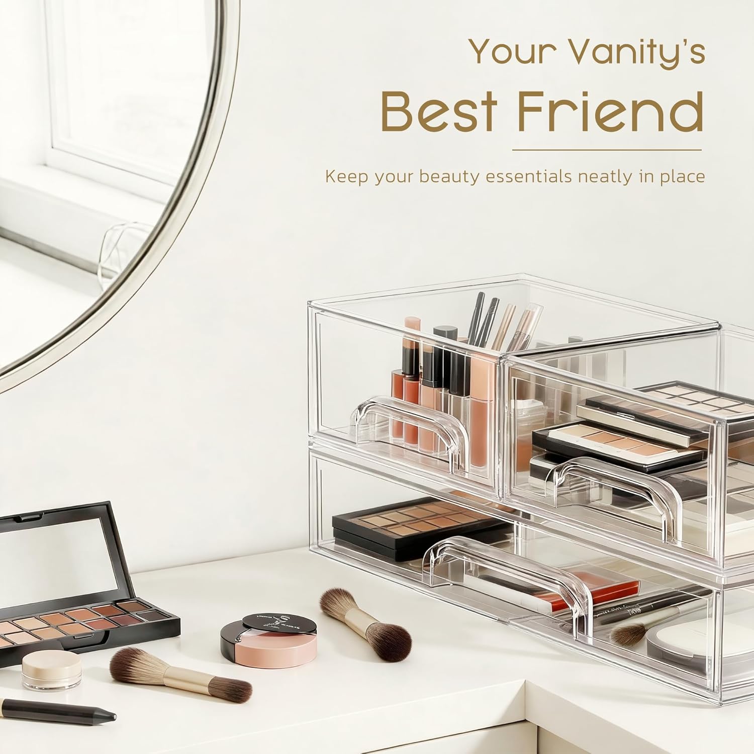 Criusia Stackable Storage Drawers, 3 Pack Clear Acrylic Makeup & Bathroom Organizer, Versatile Storage Bins for Vanity, Under Sink, Kitchen Cabinets & Pantry