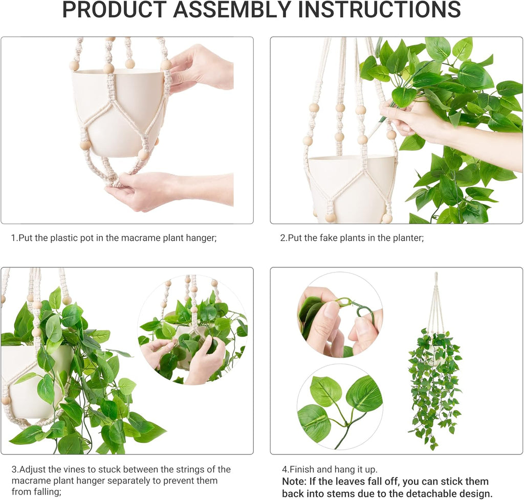 Mkono Fake Hanging Plant with Pot, Artificial Plants for Home Spring Decor Indoor Macrame Plant Hanger with Faux Vine Hanging Planter Greenery for Bedroom Bathroom Kitchen Office, Brown (Pothos)