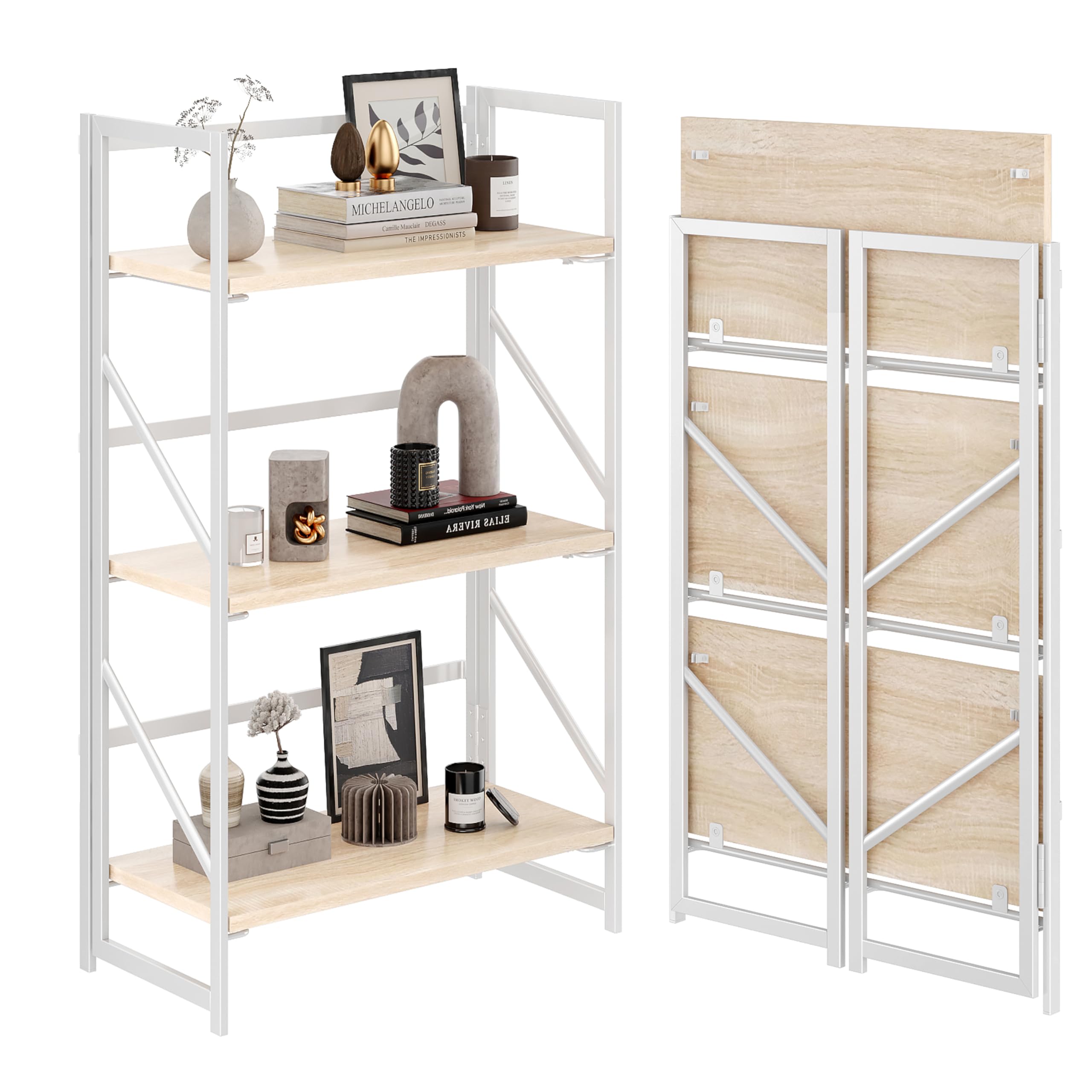 JSB No Assembly Folding Bookshelf, 4 Tier Industrial Metal Book Shelf for Storage, Vintage Wood Foldable Bookcase for Living Room, Bedroom, Office Organization Shelves