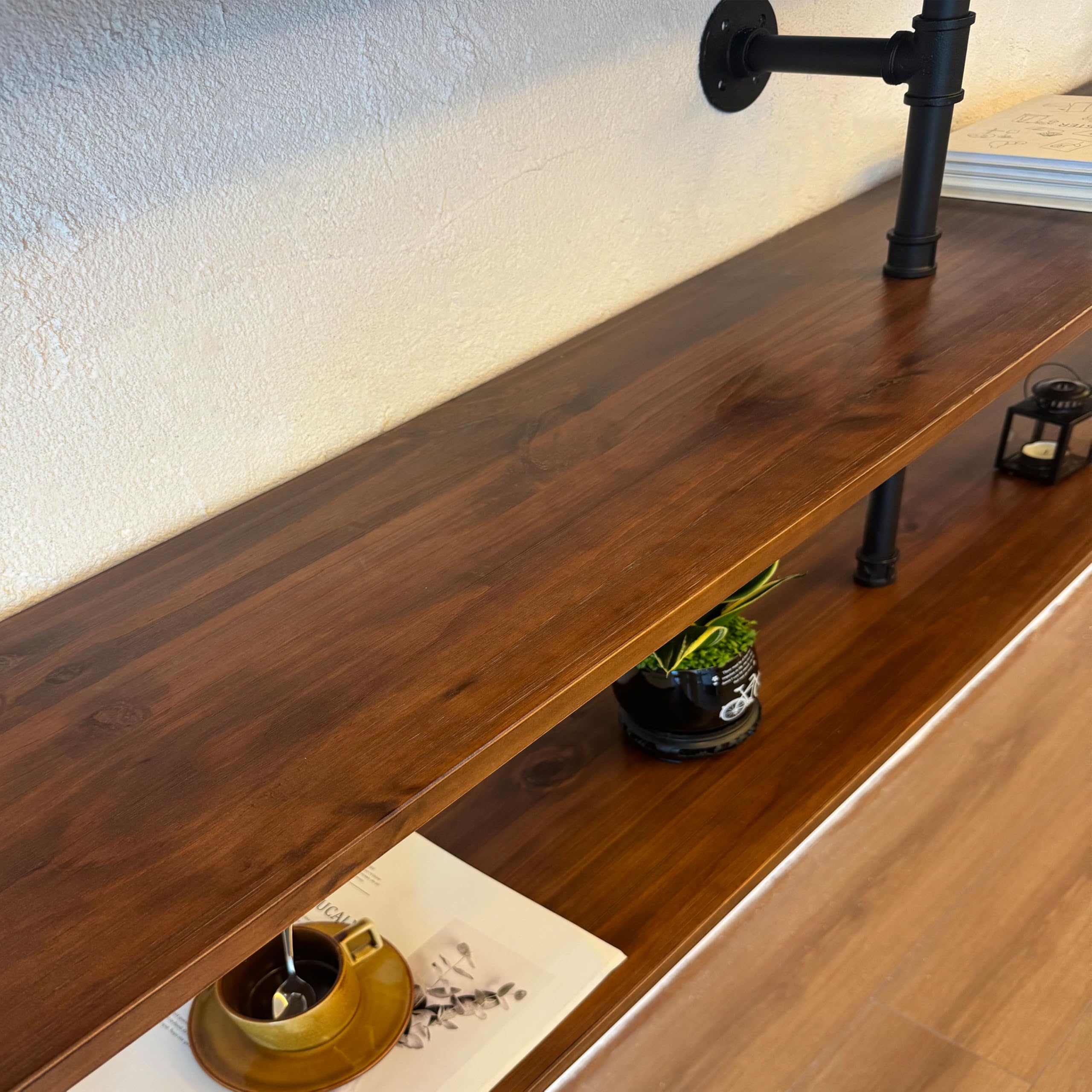 Industrial Pipe Wall Shelves Pipe Shelving with Real Wood Plank ,48 Inches Floating Shelves for Wall Farmhouse Pipe Book Shelves Dark Brown 3 Tier for Kitchen,Living Room Decor and Bar Shelving